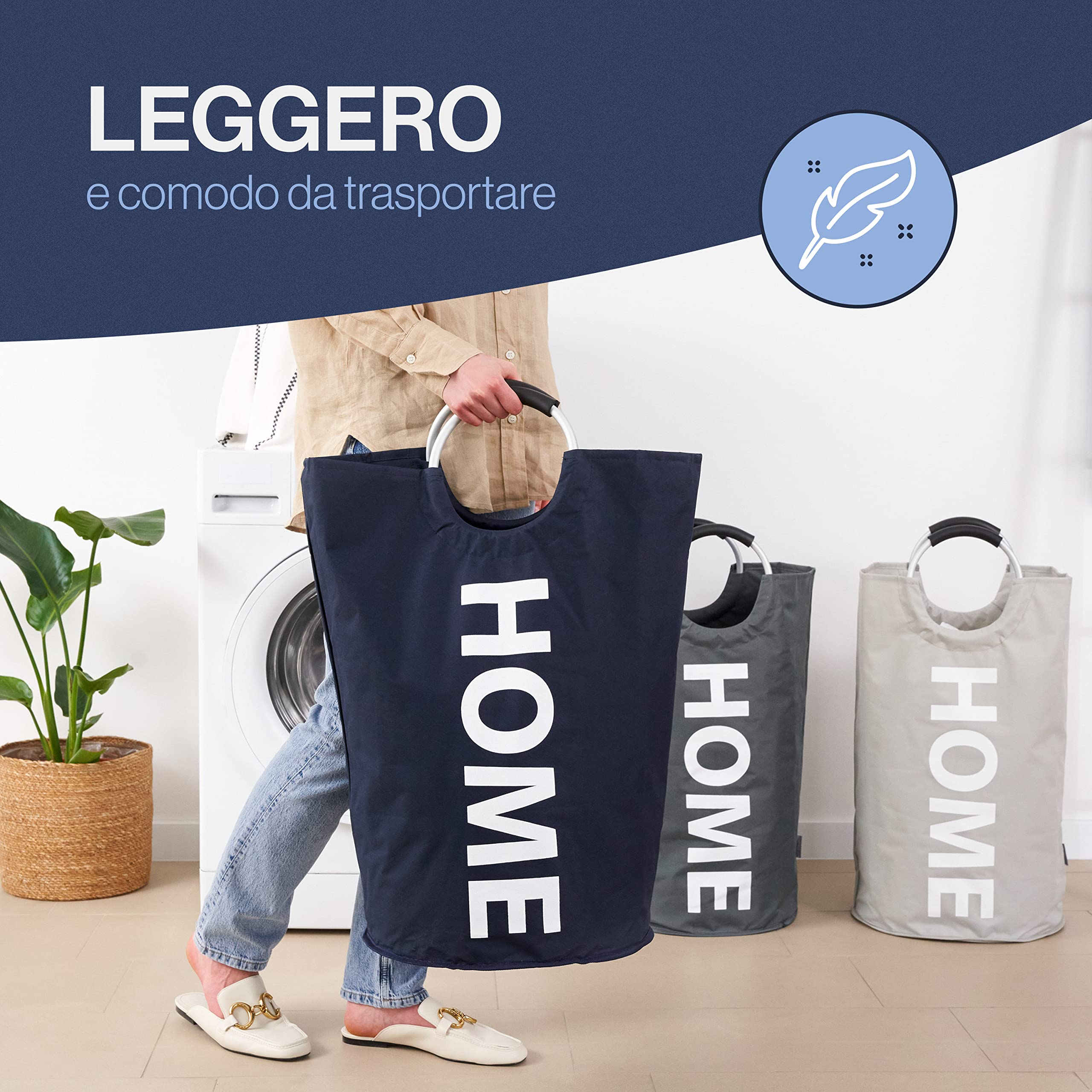 WELLENBORG Large Washable Laundry Basket - 82L Space-Saving Dirty Clothes Hamper for Bathroom, Bedroom & Laundry Room - Blue Fabric Storage Bin for Organization