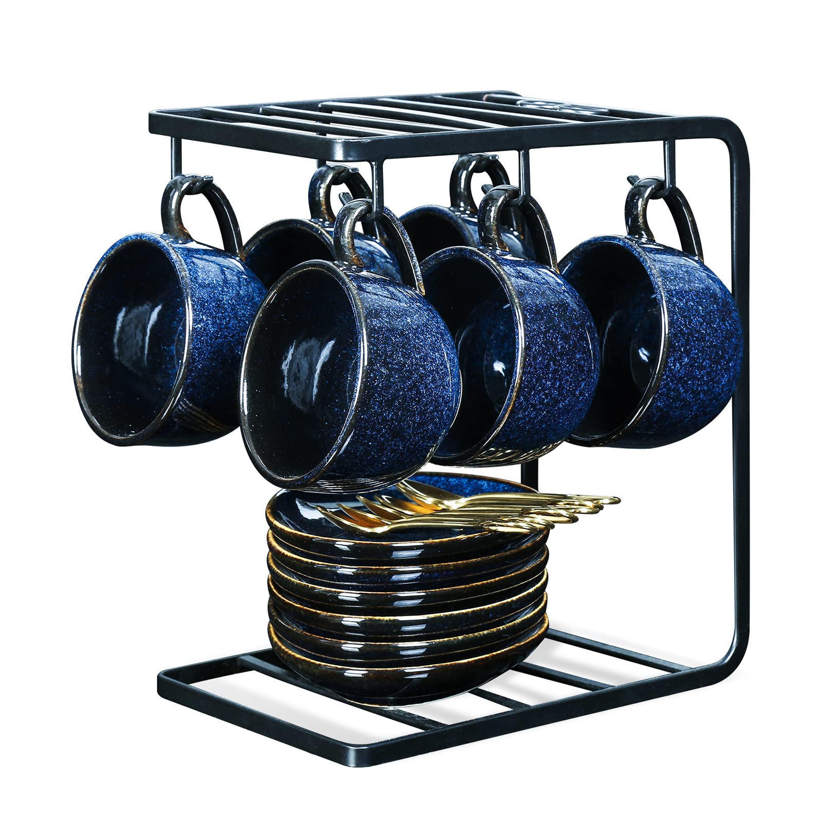 Vicrays 4 oz Ceramic Espresso Coffee Cups Set - Porcelain Cappuccino Mugs with Saucers, Spoons & Metal Stand for Tea, Cafe, Home or Office Use
