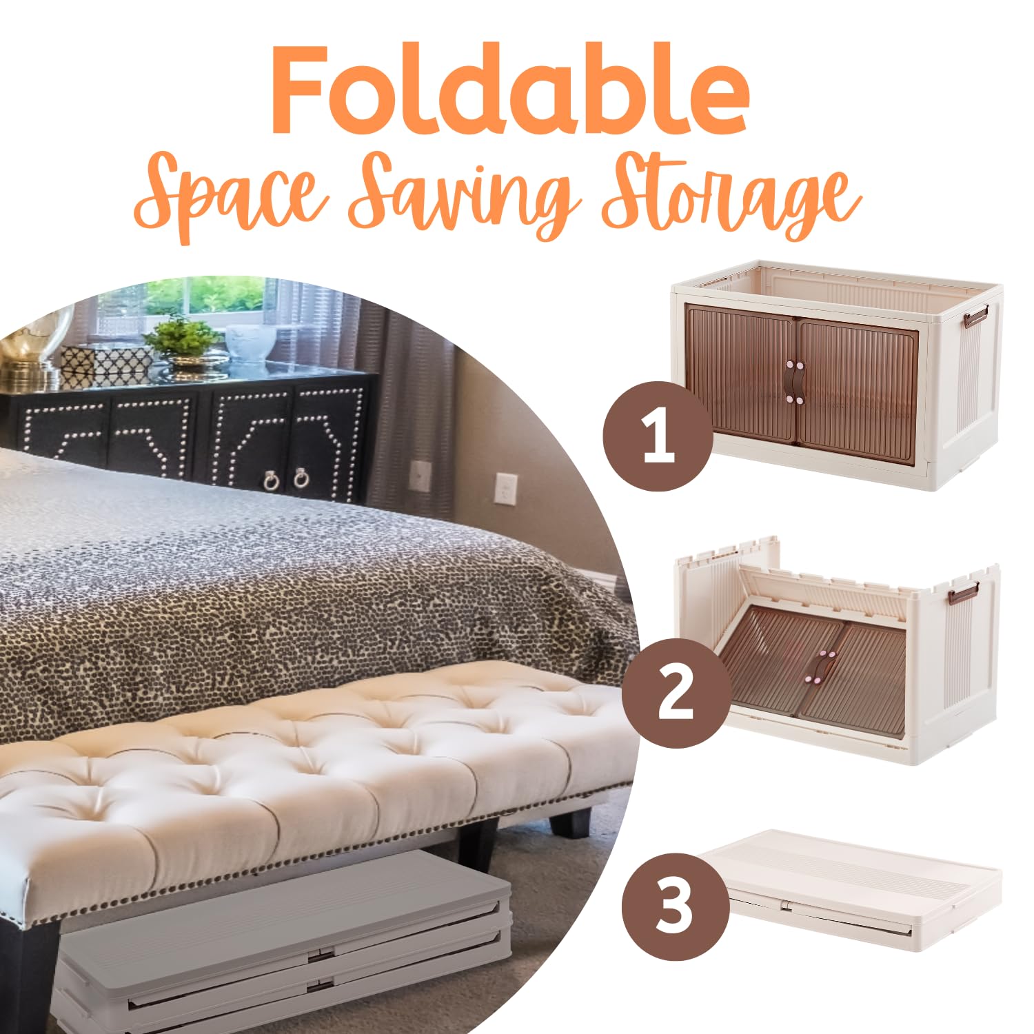 3-Tier Large Foldable Storage Bins with Lids - 95 Qt (285 Qt Total) Magnetic Door Stackable Organizers with Leather Handles & Wheels - Collapsible Storage Containers for Home, Office, Garage, and Closet Organization