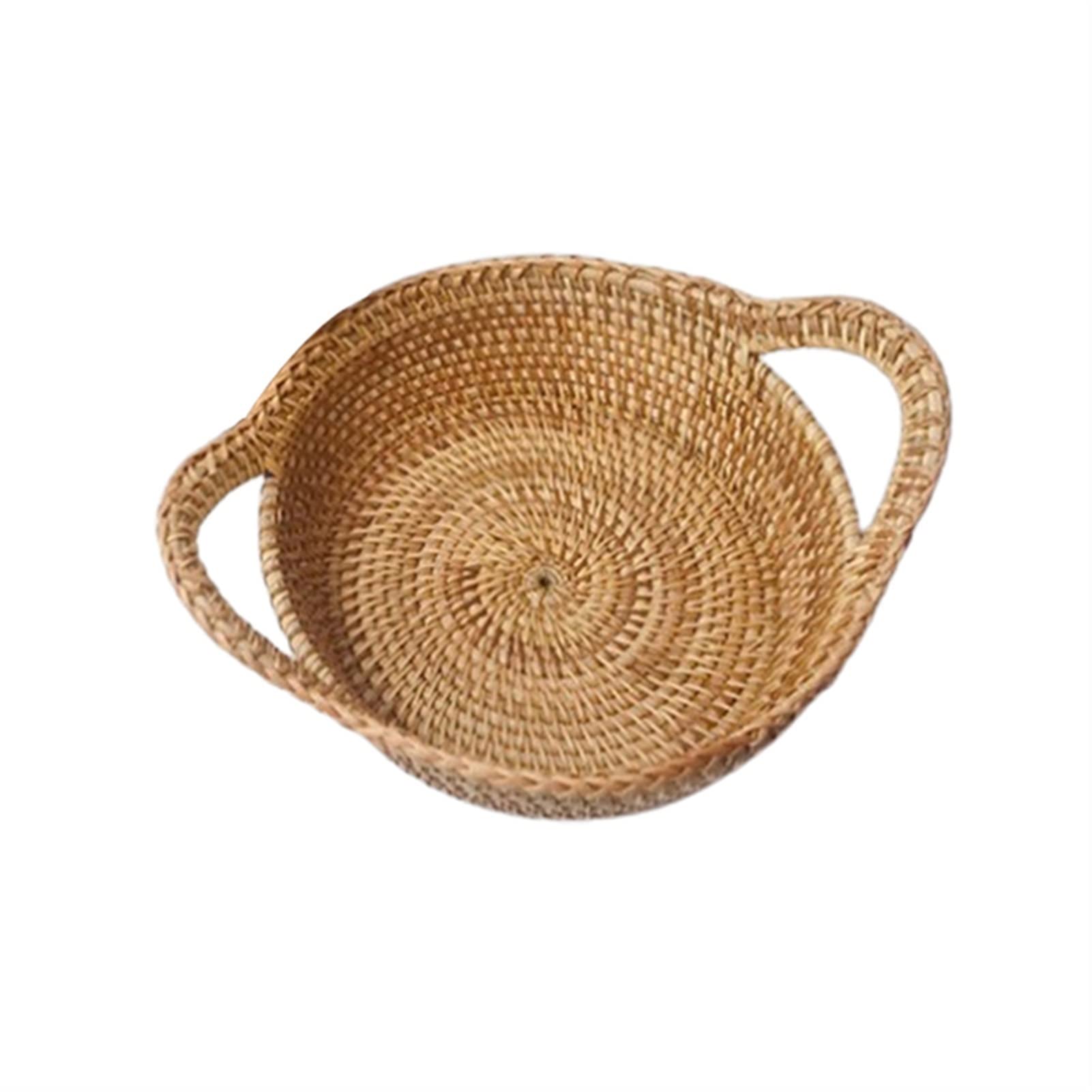 Vintage Rattan Round Basket with Handles - Natural Woven Storage Organizer for Fruits, Vegetables, Bread - Perfect for Kitchen, Pantry, Bathroom & Home Decor (Medium Size)