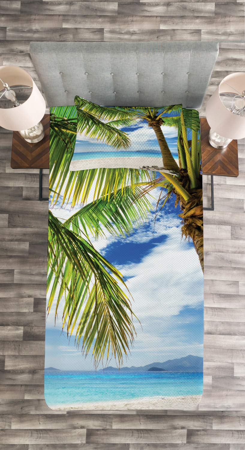 Ambesonne Lonely Palm Tree Bedspread Set - Twin Size 2-Piece Quilted Coverlet with Pillow Sham | Tropical Beach Theme in Coconut Green & Blue | Perfect for Coastal Bedroom Decor, Vacation Home Styling & Philippines Travel Inspired Interiors