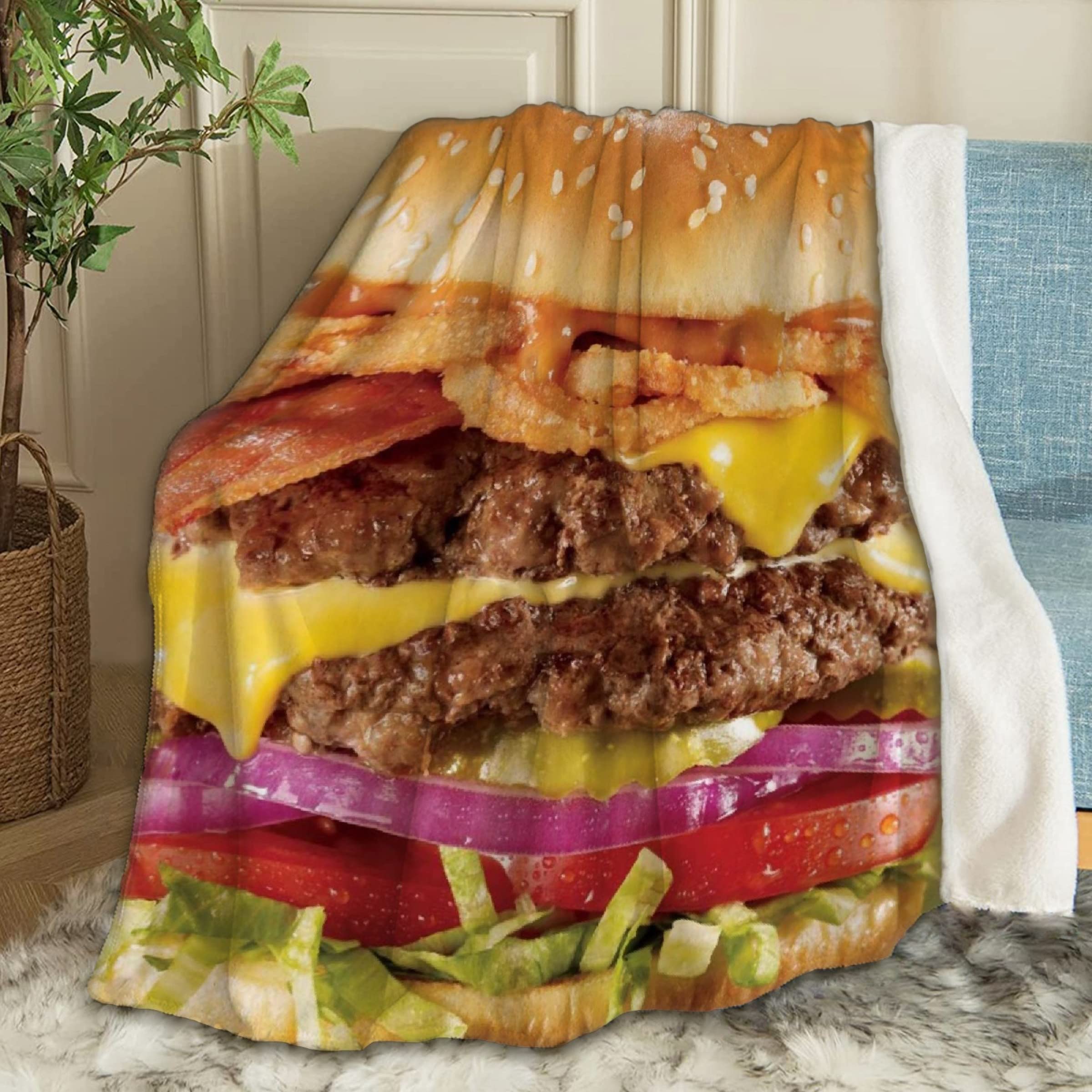Super Soft Funny Hamburger Cheeseburger Fleece Throw Blanket - 120x90 Inch Cozy Flannel Blanket for Bed, Couch & Sofa - Perfect for Family Movie Nights, Travel & Home Decor