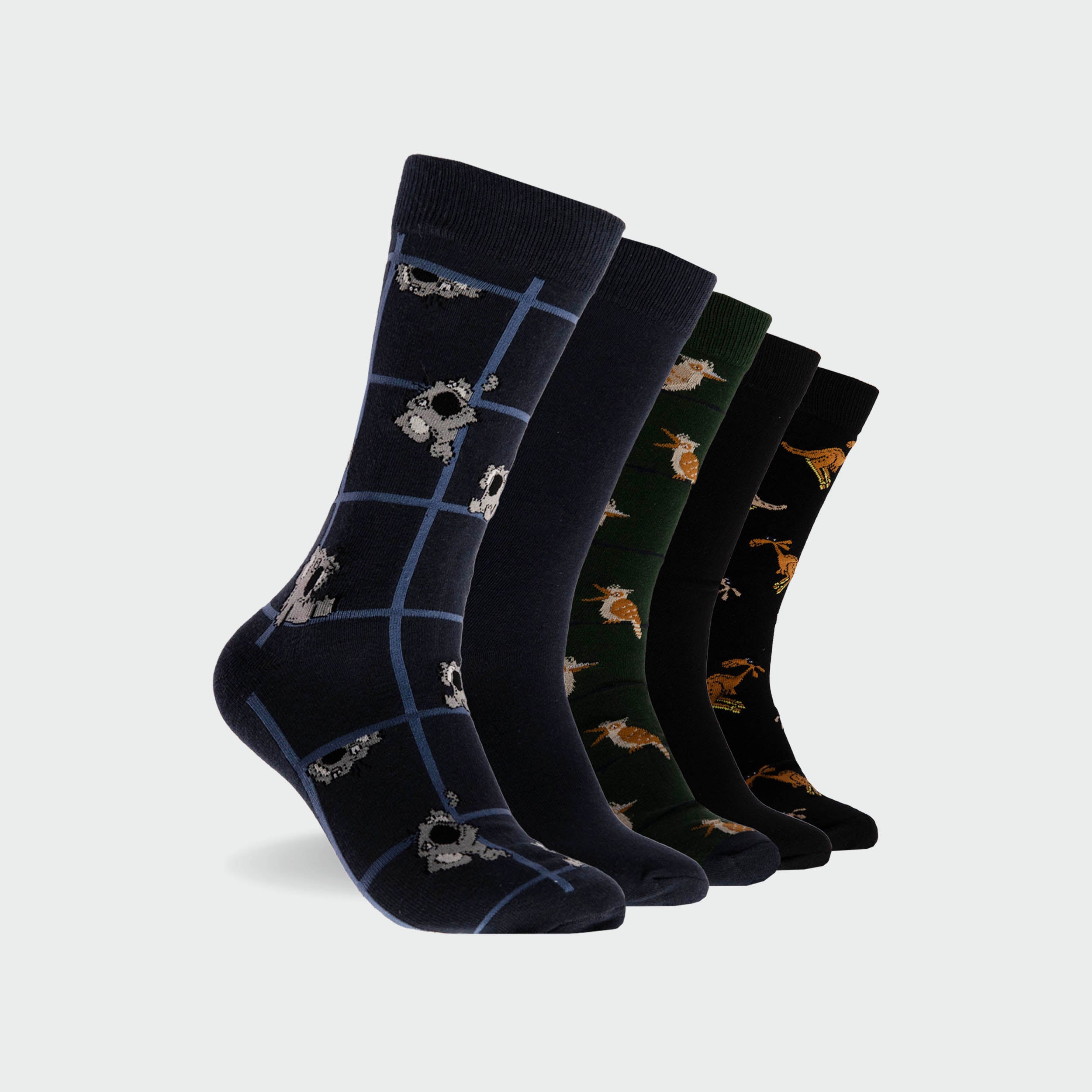 Men's Aussie Animals Cotton Crew Socks 5-Pack - Black | Comfortable & Durable Casual Socks for Everyday Wear, Work & Outdoor Activities