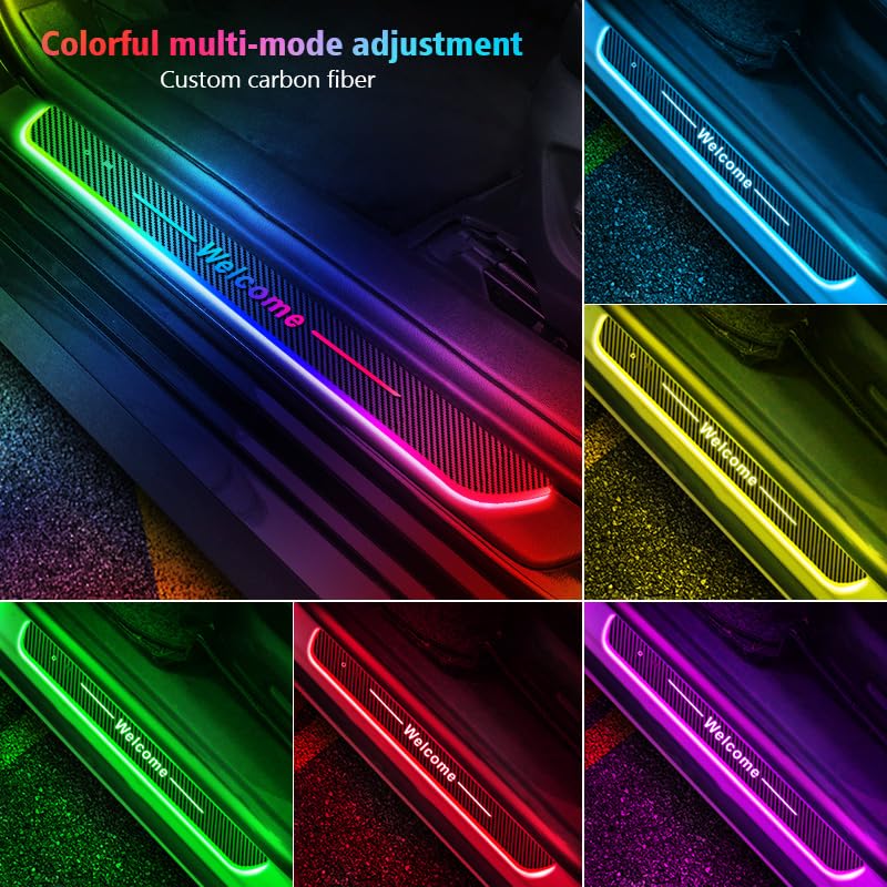 Carbon Fiber LED Door Sill Lights for Cars - 28 Color Auto-Sensing Wireless Welcome Lights with Custom Logo Option | Perfect for Nighttime Entry & Luxury Vehicle Enhancement