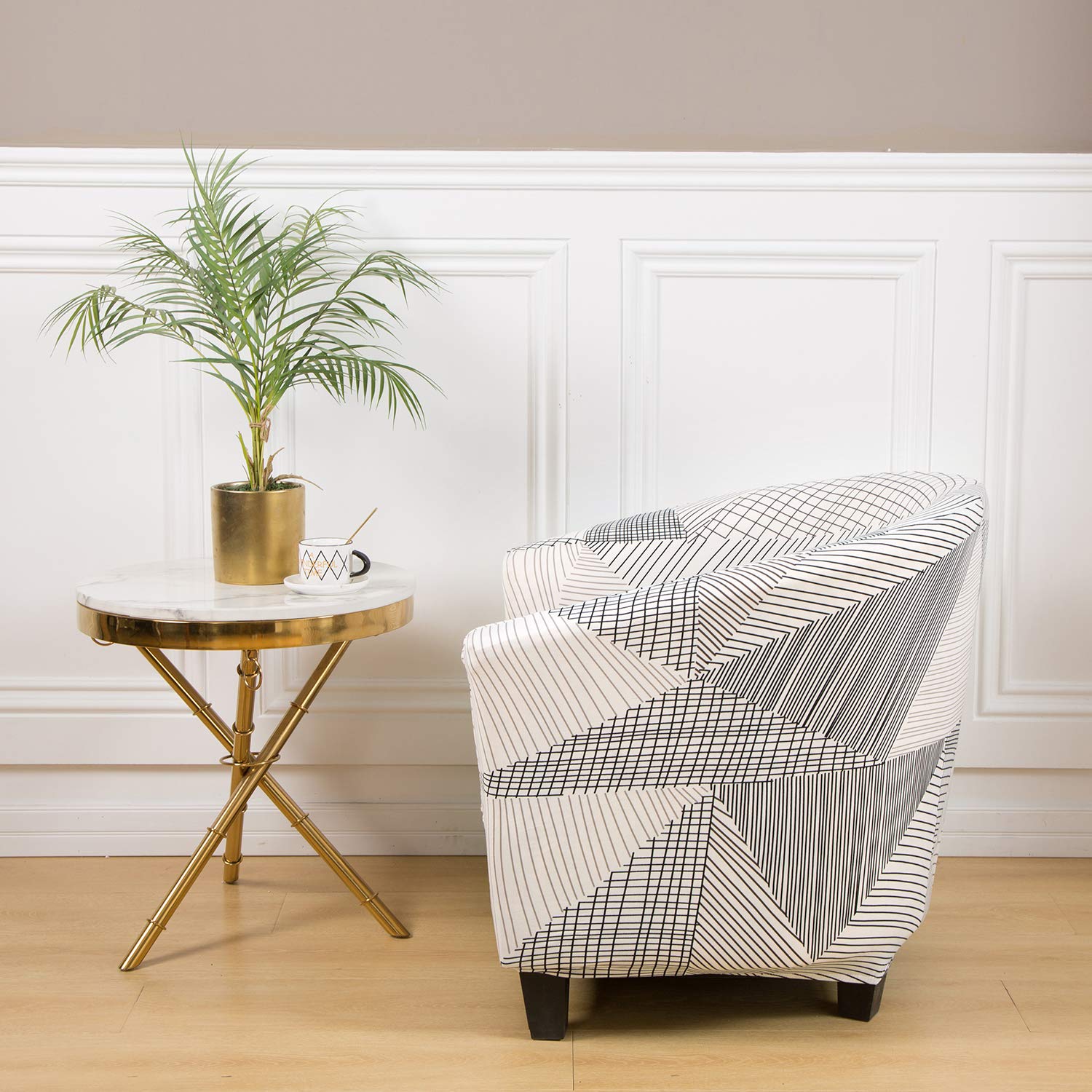 GULI Velvet Tub Chair Covers - Stretchable Armchair Slipcovers, Luxury Sofa Protectors, Washable Spandex Plush Furniture Covers for Club Chairs (Black & White Stripes) | Perfect for Living Room, Bedroom & Office Decor