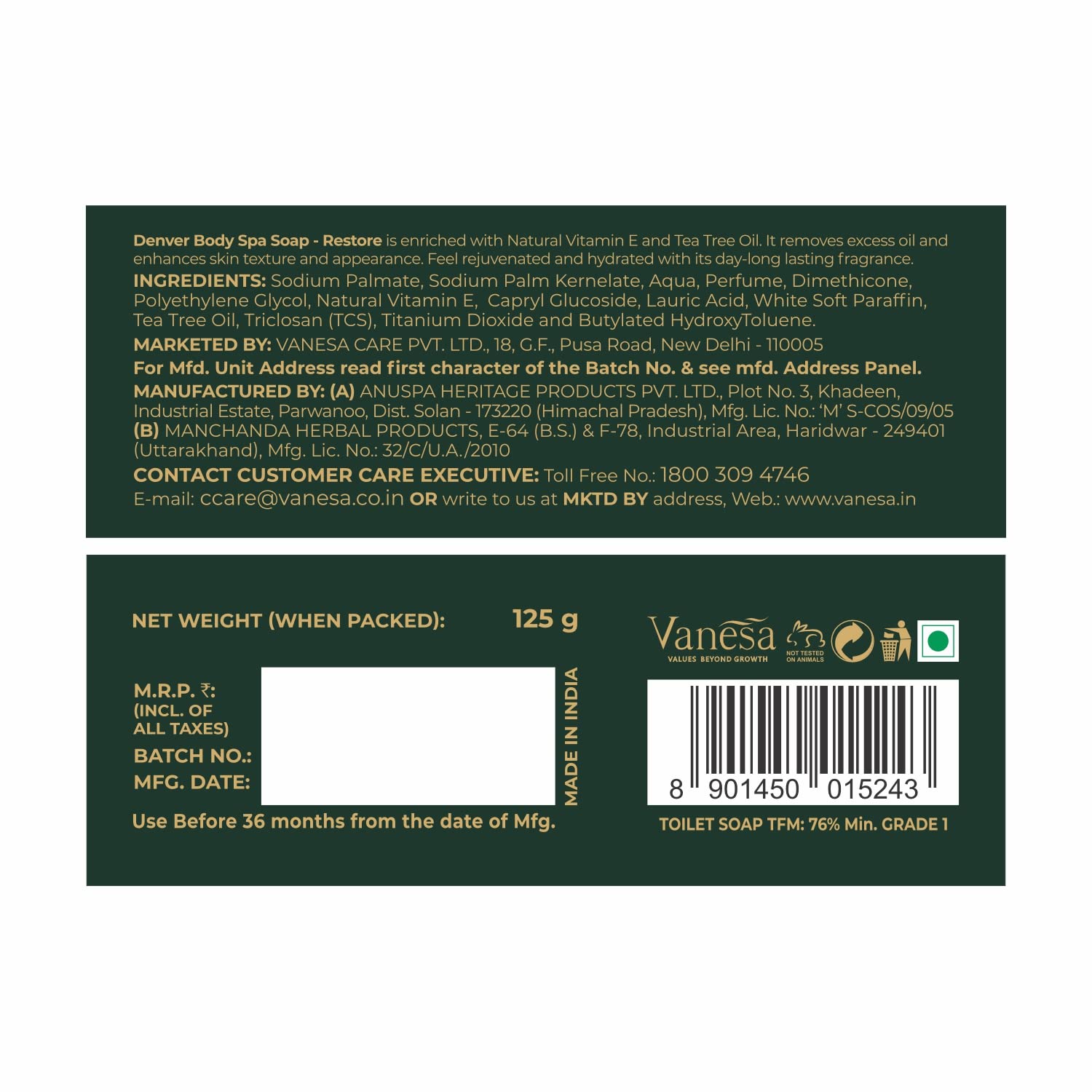 DENVER Restore Body Spa Soap - 125GM Each (Pack of 4) | Tea Tree Oil Enriched | Moisturizing Scented Soap Bar for Men & Women | Perfect for Shower, Bath & Relaxation