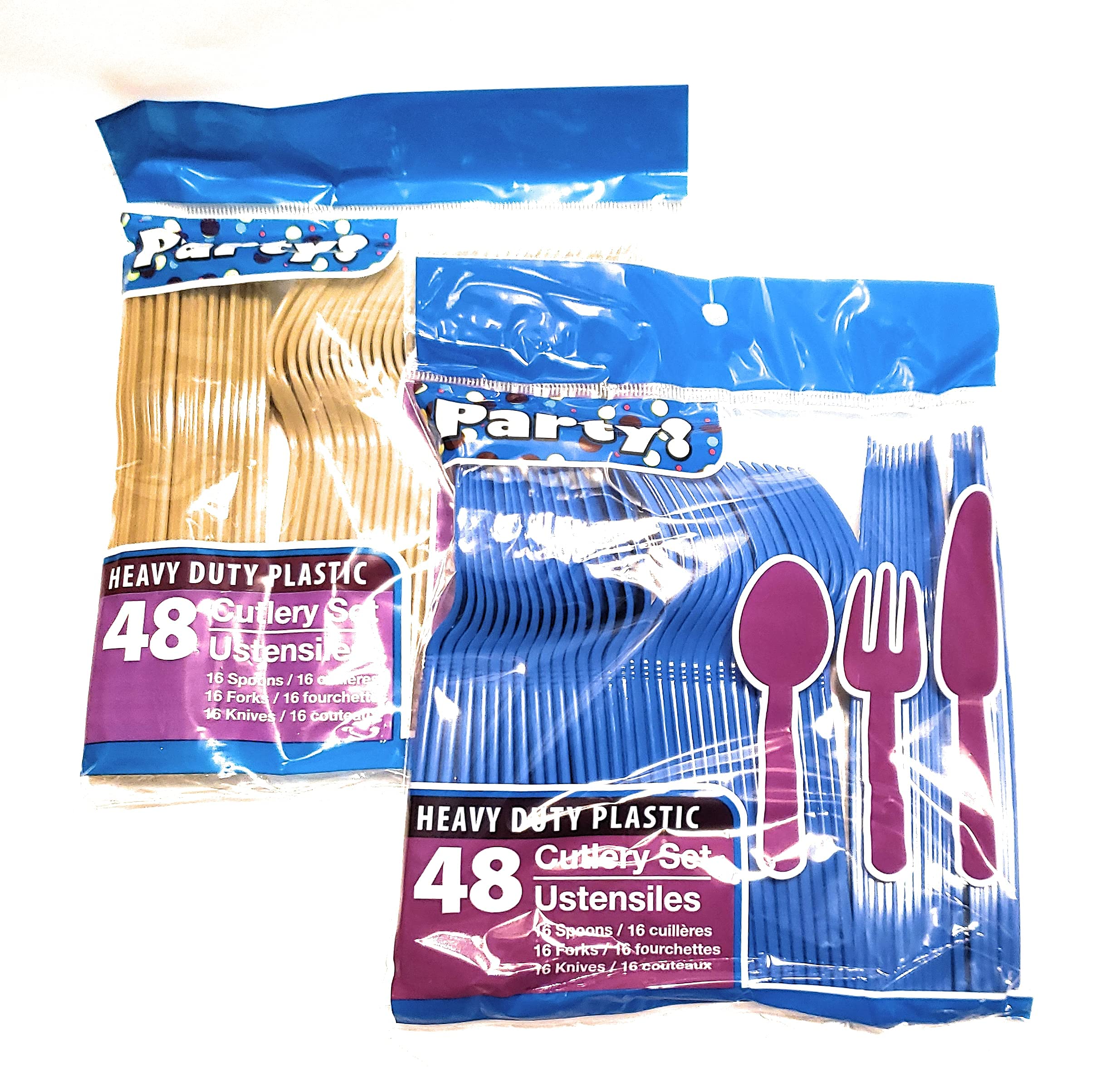 OM Blue & Gold Team Colors Disposable Silverware Set - 96 Piece Plastic Cutlery (32 Spoons, 32 Forks, 32 Knives) - 2 Packs of 48 Each - Perfect for Team Parties, Picnics & School Events