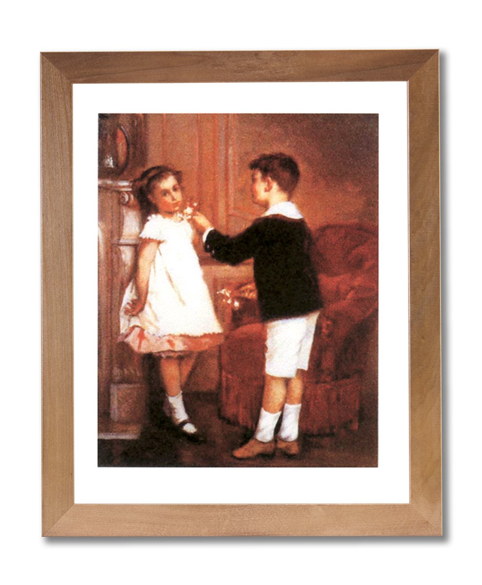 French Victorian Girl and Boy Wall Art Print in Honey Frame - Vintage Home Decor for Nursery, Living Room & Bedroom