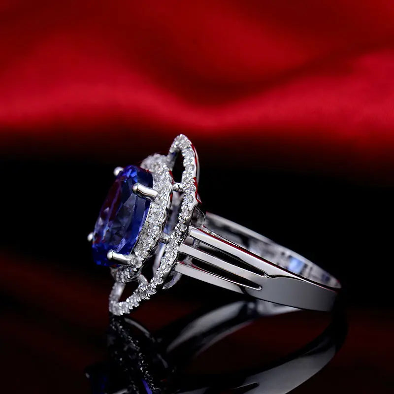 18K White Gold Blue Tanzanite Wedding Ring for Women - Princess Diana Inspired Floral Engagement Ring for Brides, Anniversaries & Special Occasions