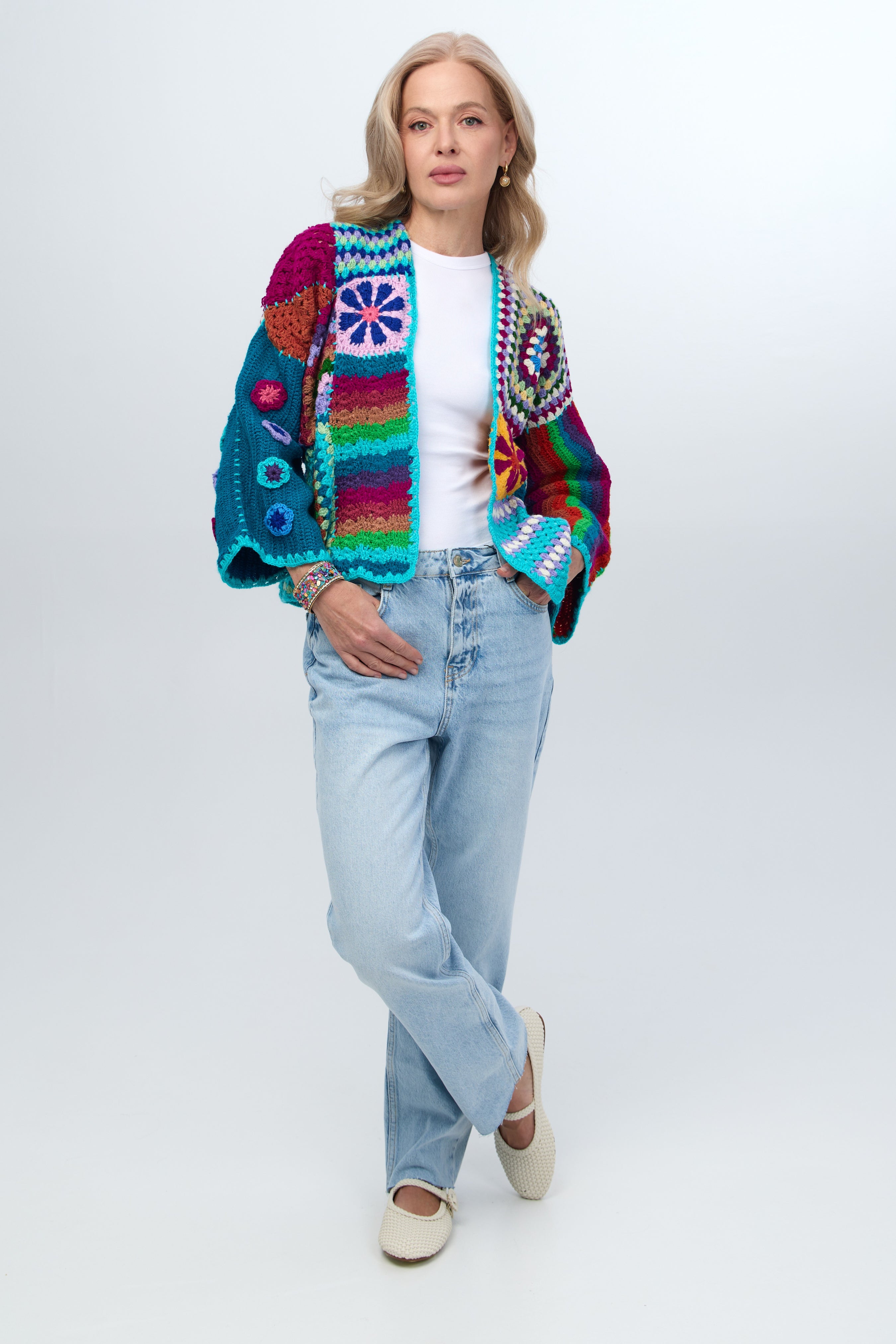 Vibrant Multi-Pattern Crochet Cardigan for Women - Boho Chic Lace Knit Sweater | Perfect for Fall Layering, Coffee Dates & Cozy Evenings