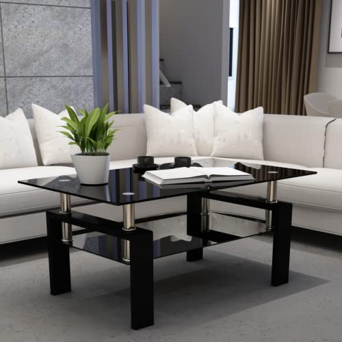 Modern Glass Coffee Table with Wooden Legs - Black Tempered Glass Top & Lower Shelf for Living Room, Lounge, or Office Decor