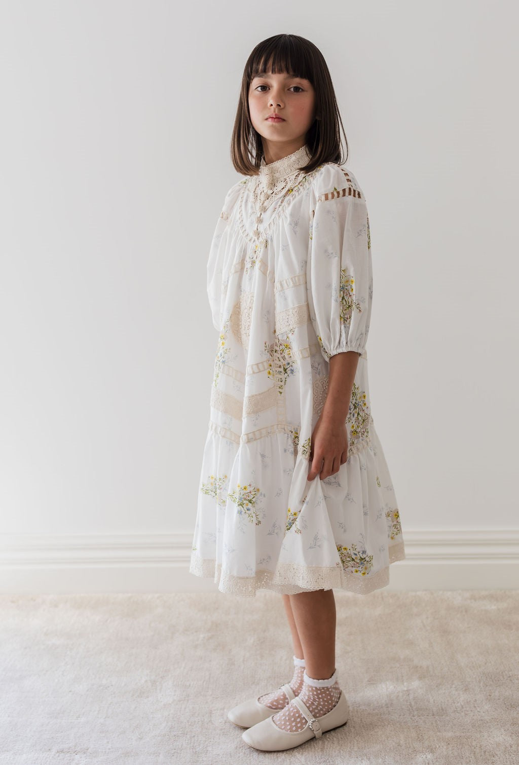 Petite Amalie Doily Applique Voile Spring Meadow Print Dress - Floral Summer Dress for Women, Boho Chic Style, Perfect for Garden Parties & Outdoor Events
