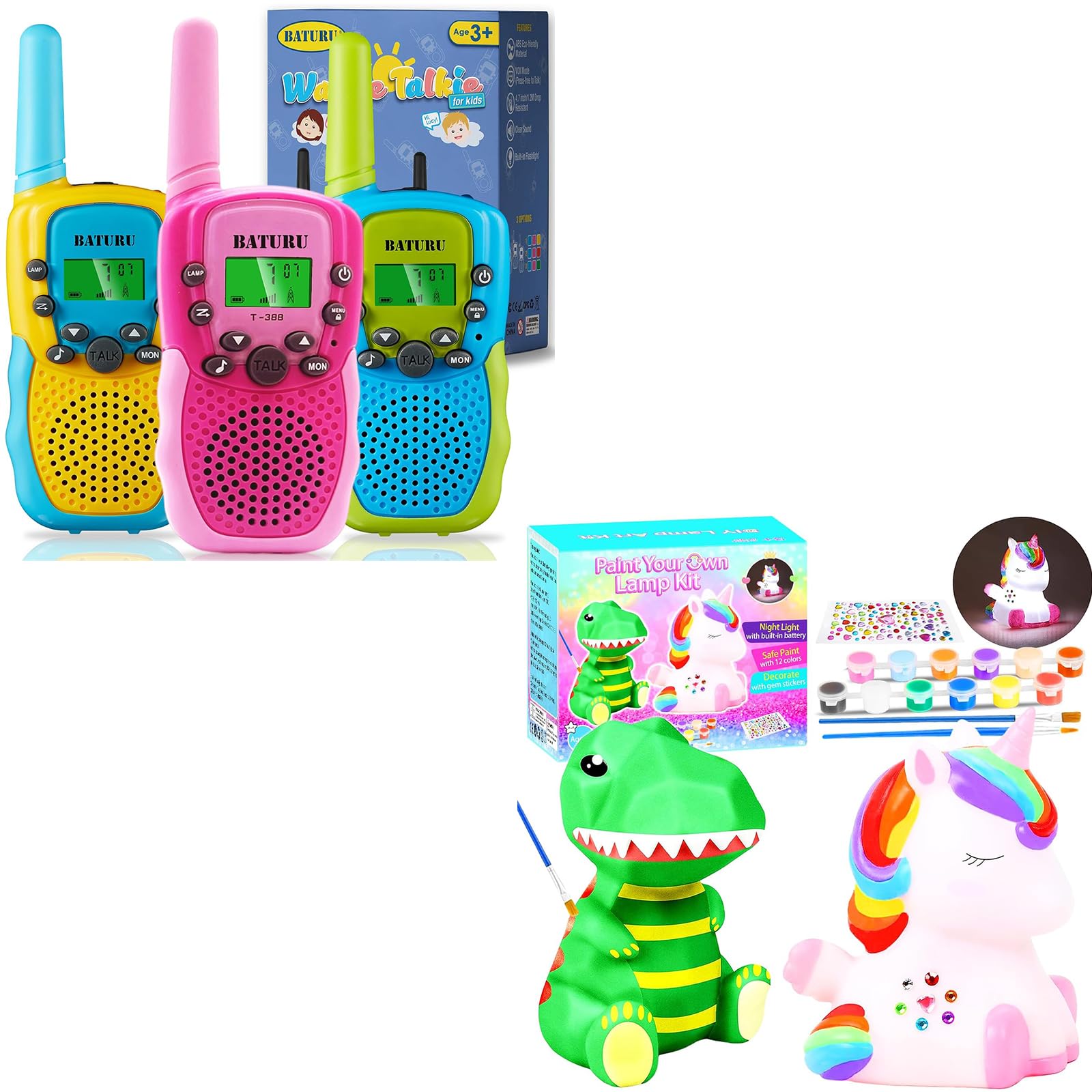 BATURU Kids Walkie Talkies with DIY Dinosaur & Unicorn Night Light Painting Kit - Fun Outdoor Adventure Toys & Creative Bedroom Decor for Children