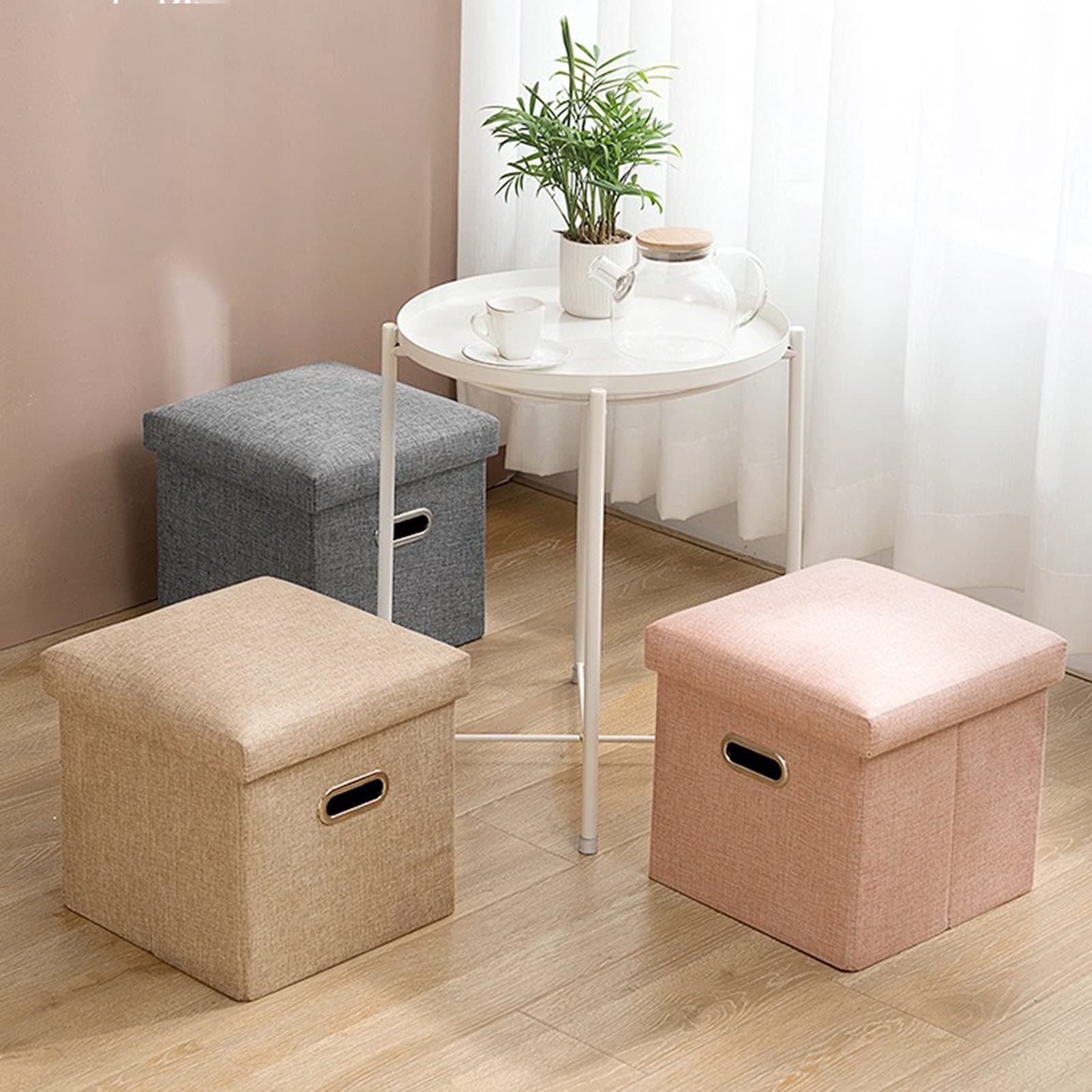Cube Storage Stool - Foldable Ottoman Seat with Hidden Storage | Multi-Purpose Living Room Sofa Stool & Shoe Bench | Space-Saving Beige Footrest for Small Spaces | Perfect for Living Room, Bedroom & Entryway Organization