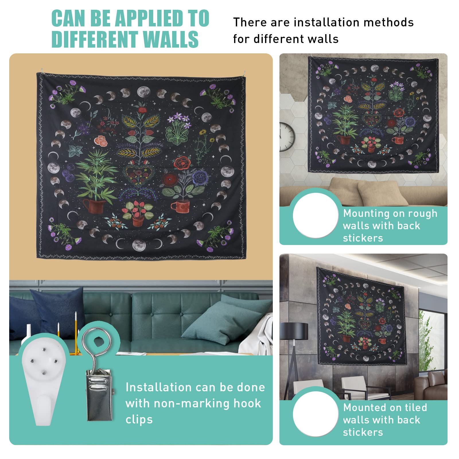 LINICE Moon Phase Plant Tapestry Wall Hanging - Bohemian Mandala Botanical Decor for Bedroom, Home & Dorm | Nature-Inspired Aesthetic Room Decor for Meditation Spaces & Boho Chic Interiors