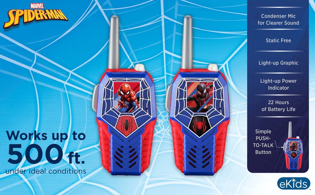 eKids Spiderman Walkie Talkies for Kids - Light-Up Toy for Indoor & Outdoor Play - Perfect for Superhero Pretend Play, Backyard Adventures & Birthday Gifts