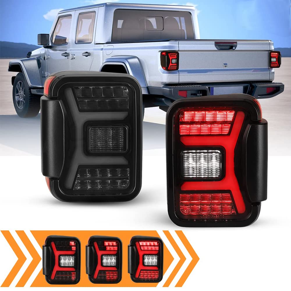 Premium LED Tail Lights Assembly for 2019-2025 Jeep Gladiator JT - Black Housing Smoke Lens with Sequential Turn Signals | Direct Replacement Full LED Rear Lamps | Off-Road & Night Driving Upgrade