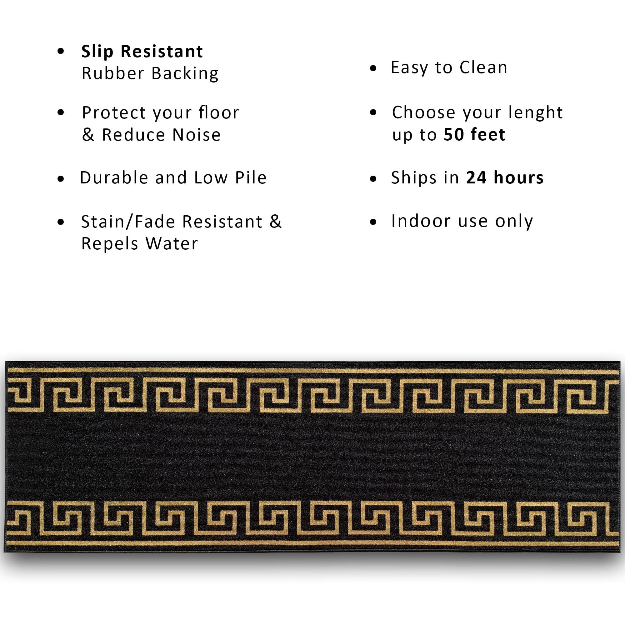 Custom Size Greek Key Design Black & Gold Non-Slip Rubber Backed Runner Rug - 31 Inch Wide x Your Length (31in x 17ft) - Perfect for Hallways, Stairs, Entryways & High Traffic Areas
