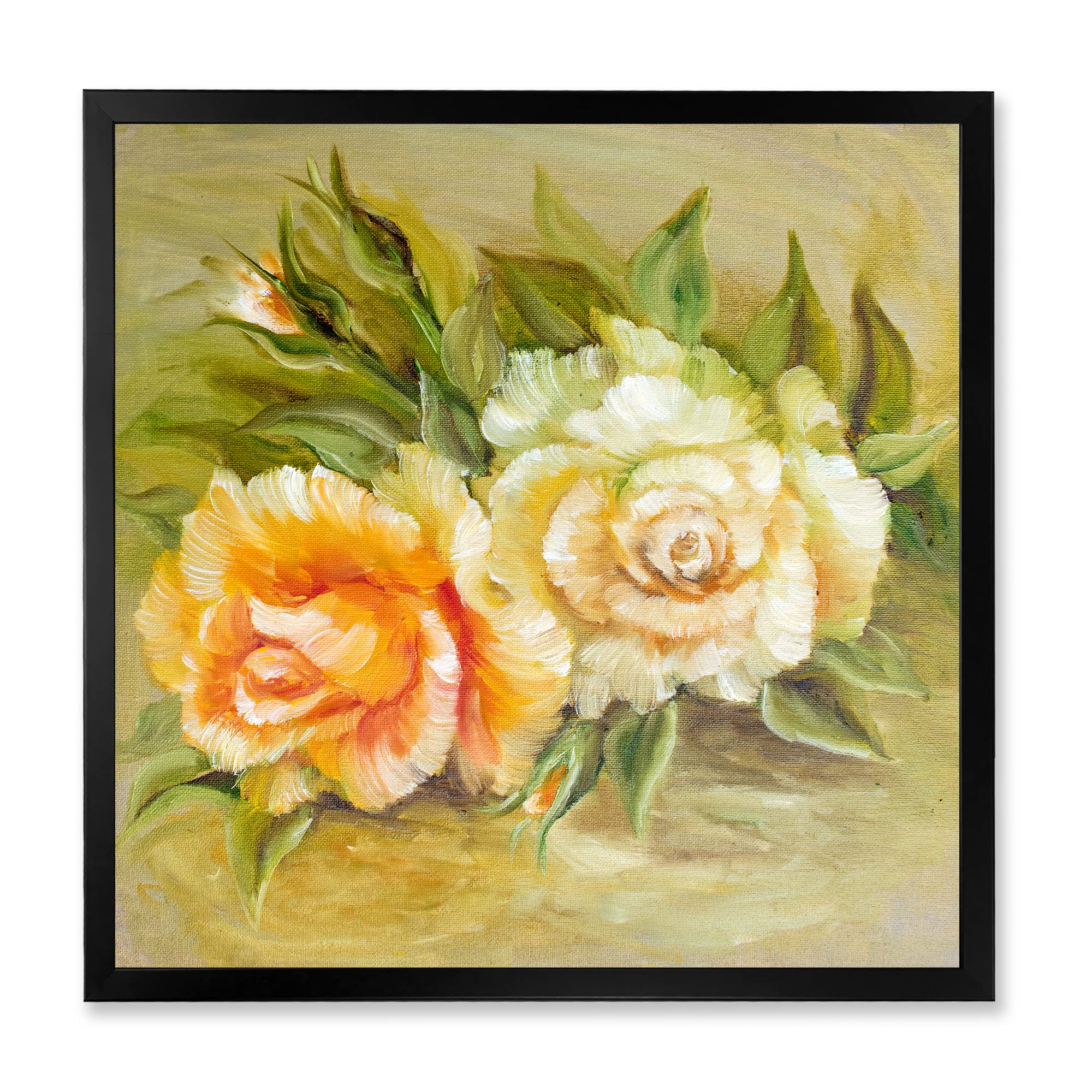Vintage White and Yellow Roses Traditional Framed Wall Art - Floral Home Decor for Living Room, Bedroom & Office