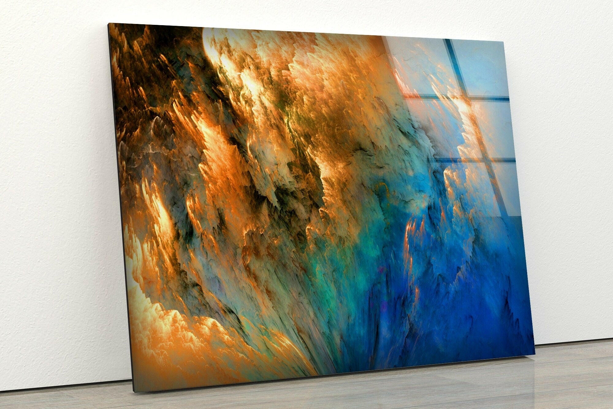 Blue Gold Alcohol Ink Glass Wall Art - Handmade Abstract Painting for Home & Office Decor - Perfect for Living Room, Bedroom, or Gift