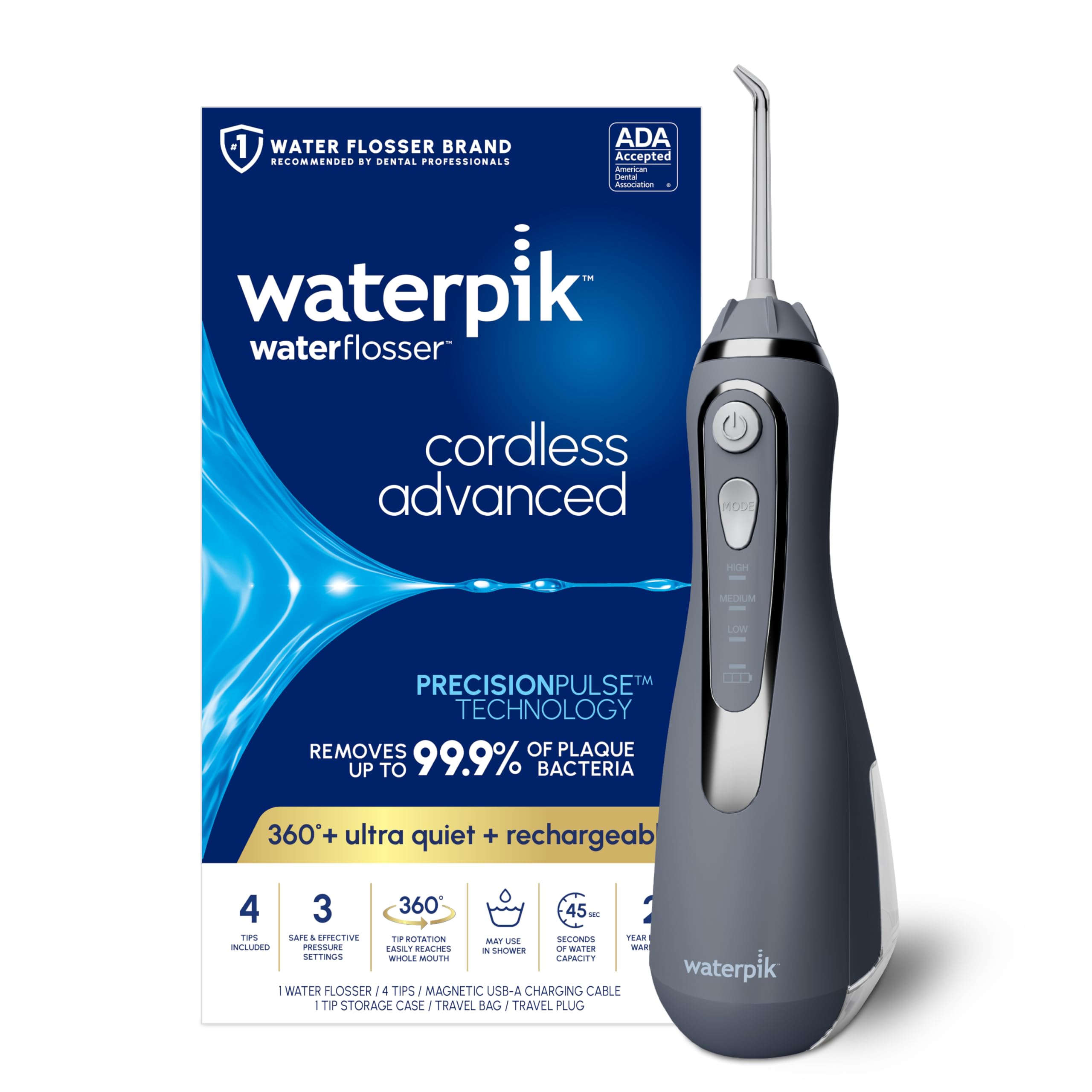 Waterpik Cordless Advanced 2.0 Water Flosser - ADA Accepted Rechargeable Dental Care for Teeth, Gums & Braces | Includes Travel Bag & 4 Nozzle Tips | Portable Waterproof Teeth Cleaner (WP-587, Gray) | Perfect for Travel, Home Use & Orthodontic Care