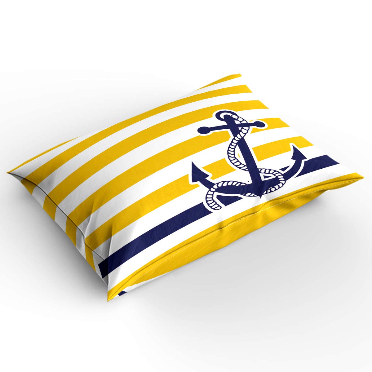 Navy Blue Nautical Anchor Duvet Cover Queen Size Set - 4 Piece Modern Bedding with Yellow & White Stripes, Zipper Closure & Ties | Soft Comforter Cover for Men, Women & Kids | Perfect for Coastal, Nautical or Beach Themed Bedrooms