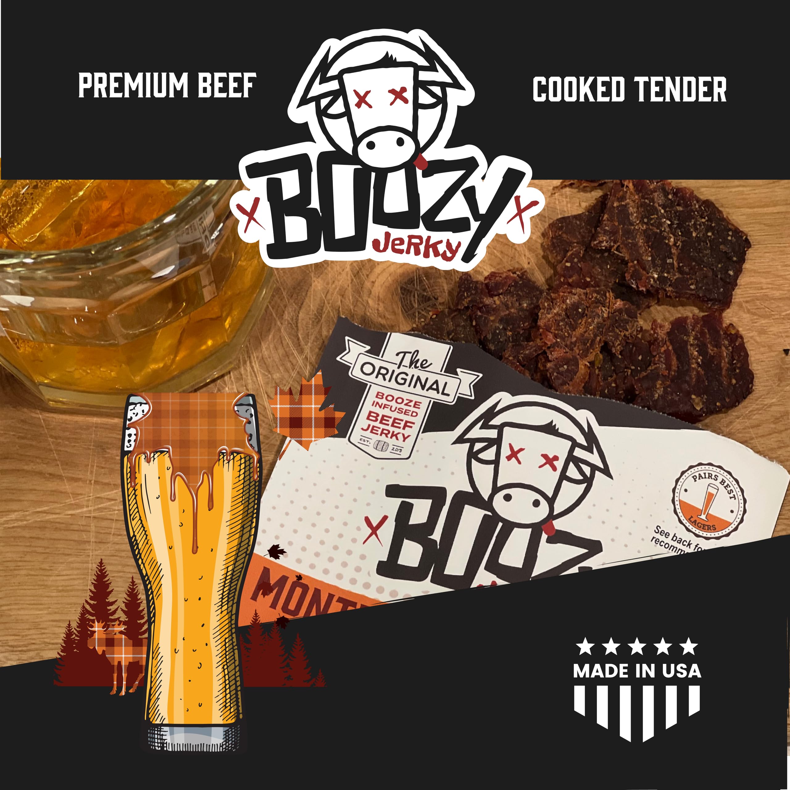 **Boozy Jerky - Craft Beer Infused Beef Jerky | Montreal Maple Spice Brisket | 2-Pack | All Natural, High Protein, Premium Marinated Small Batch | Perfect Gift for Beer Lovers & Snackers - Great for Camping, Hiking & Game Nights**