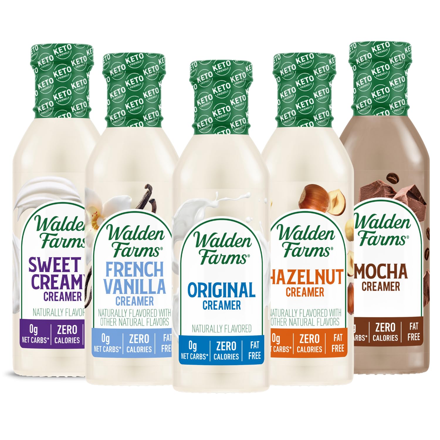 Walden Farms Sugar Free Coffee Creamer Variety Pack - 5 Flavors (Original, Sweet Cream, Mocha, Hazelnut, French Vanilla) | Keto Friendly, Vegan, Gluten Free, Non-Dairy | Perfect for Coffee, Tea, Baking & Smoothies