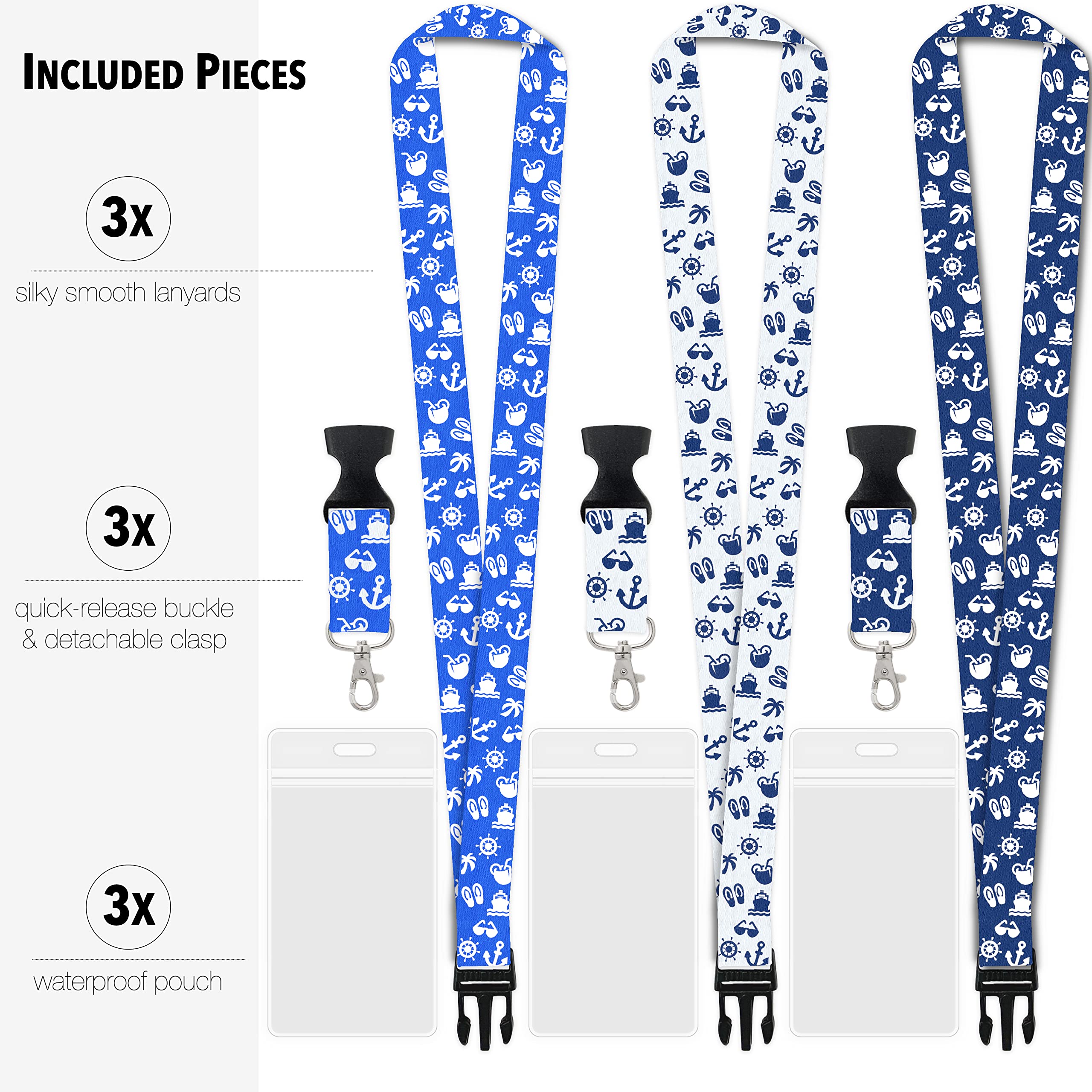 Cruise Lanyard with ID Holder & Badge Reel - 3 Pack for Ship Cards (Blue, Royal Blue, White) - Perfect for 2023-2025 Cruises