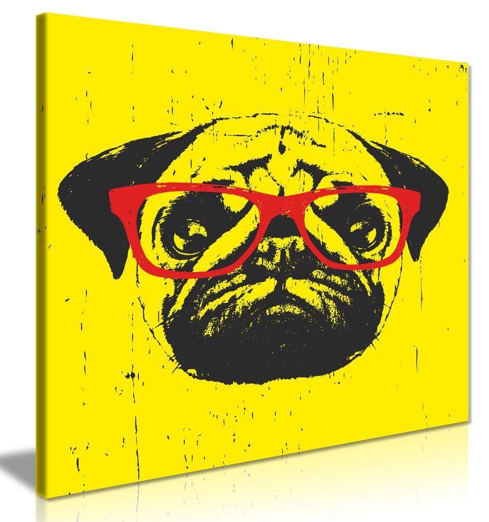 Funny Pug Dog With Glasses Canvas Wall Art Print - 30x30 Inch Modern Home Decor for Living Room, Bedroom & Office - Yellow Background Dog Lover Gift
