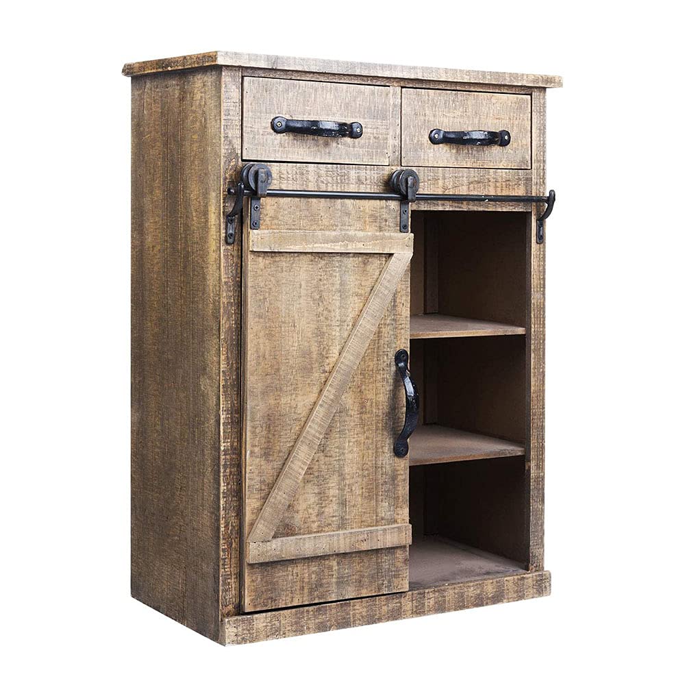 Ovovo Classic American Country Style Single Barn Door with 2 Drawers Vintage Wooden Cabinet - Rustic Farmhouse Storage Solution for Bedroom, Living Room & Entryway (Fast US Shipping)