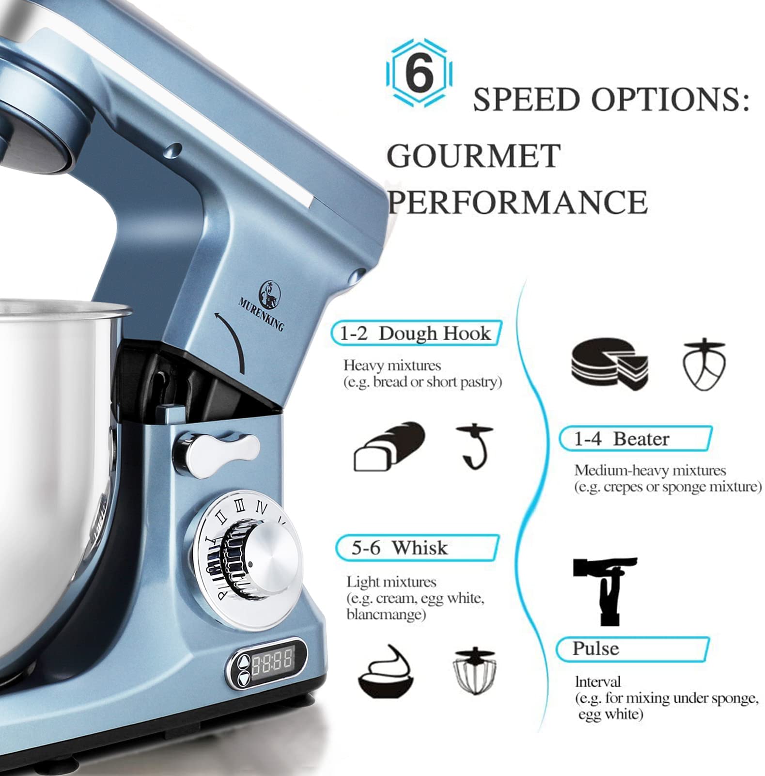 Professional 6-Qt Stand Mixer with Timer - 500W 6-Speed Tilt-Head Electric Kitchen Mixer (Silver Blue) - Perfect for Baking Cakes, Cookies, Bread & Dough Kneading