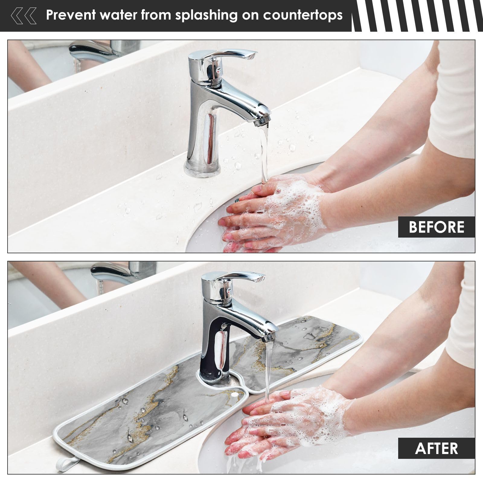 2 Pack White Marble with Gold Veins Sink Splash Guard - Absorbent Kitchen Faucet Mat, Drip Catcher & Drying Mat for Farmhouse & Bathroom - Perfect for Kitchen Sink, Bar Counter & Vanity Protection