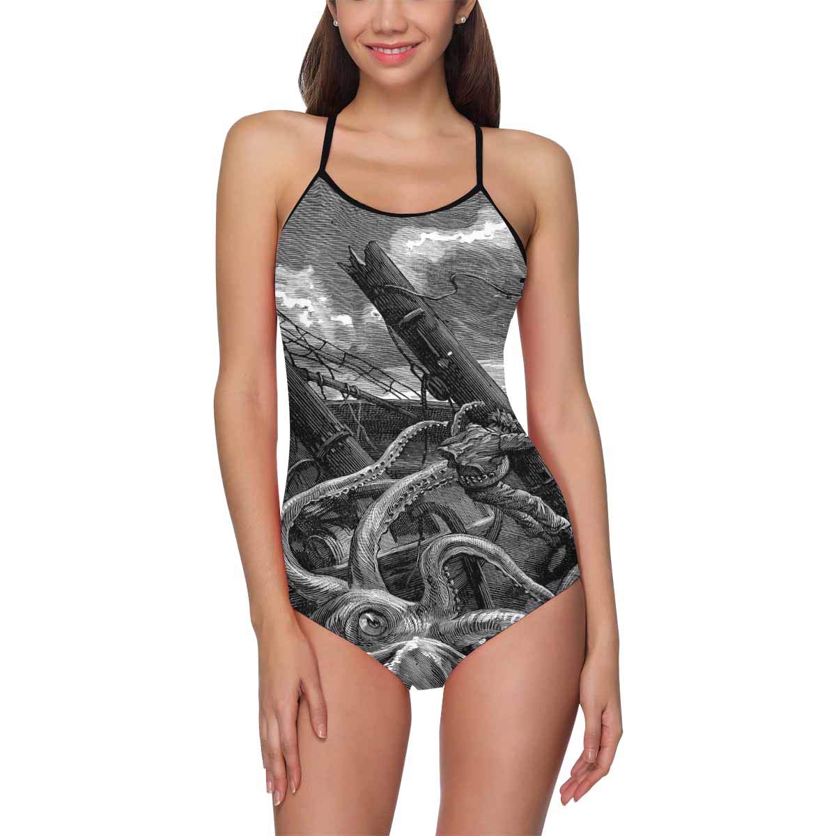**InterestPrint Women's High Waist Hollow-Out Back One Piece Swimwear - Sea Monster Travel Adventures Design - Perfect for Beach Vacations, Pool Parties & Summer Getaways**