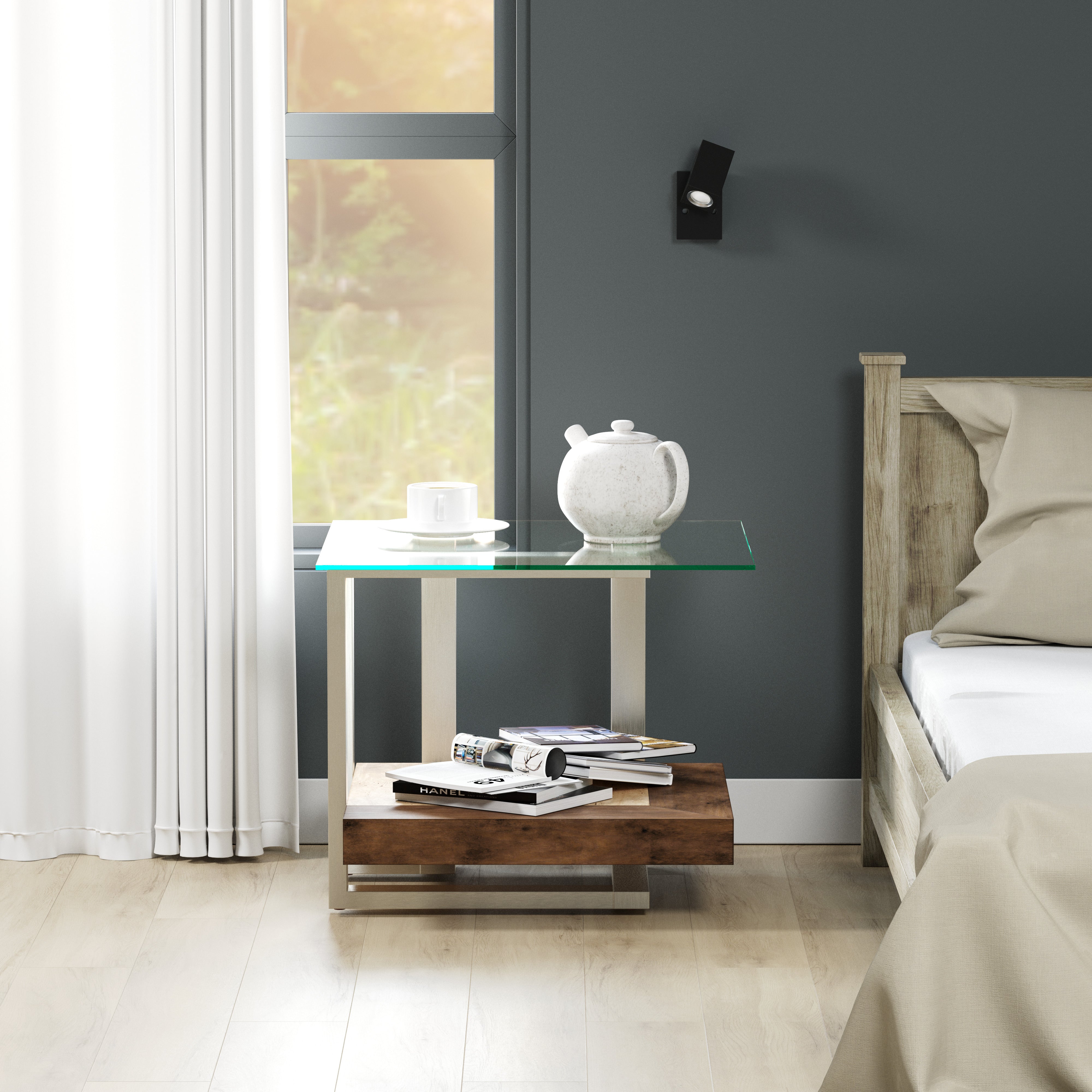 Roundhill Furniture Andes Glass End Table with Marble Shelf - Polished Nickel Finish - Modern Living Room Side Table for Sofa, Bedroom & Office Decor