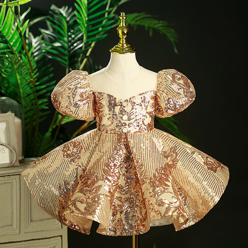 Sparkly Gold Sequin Flower Girl Dress with Puff Sleeves - Elegant Princess Gown for Weddings, Pageants & Special Occasions