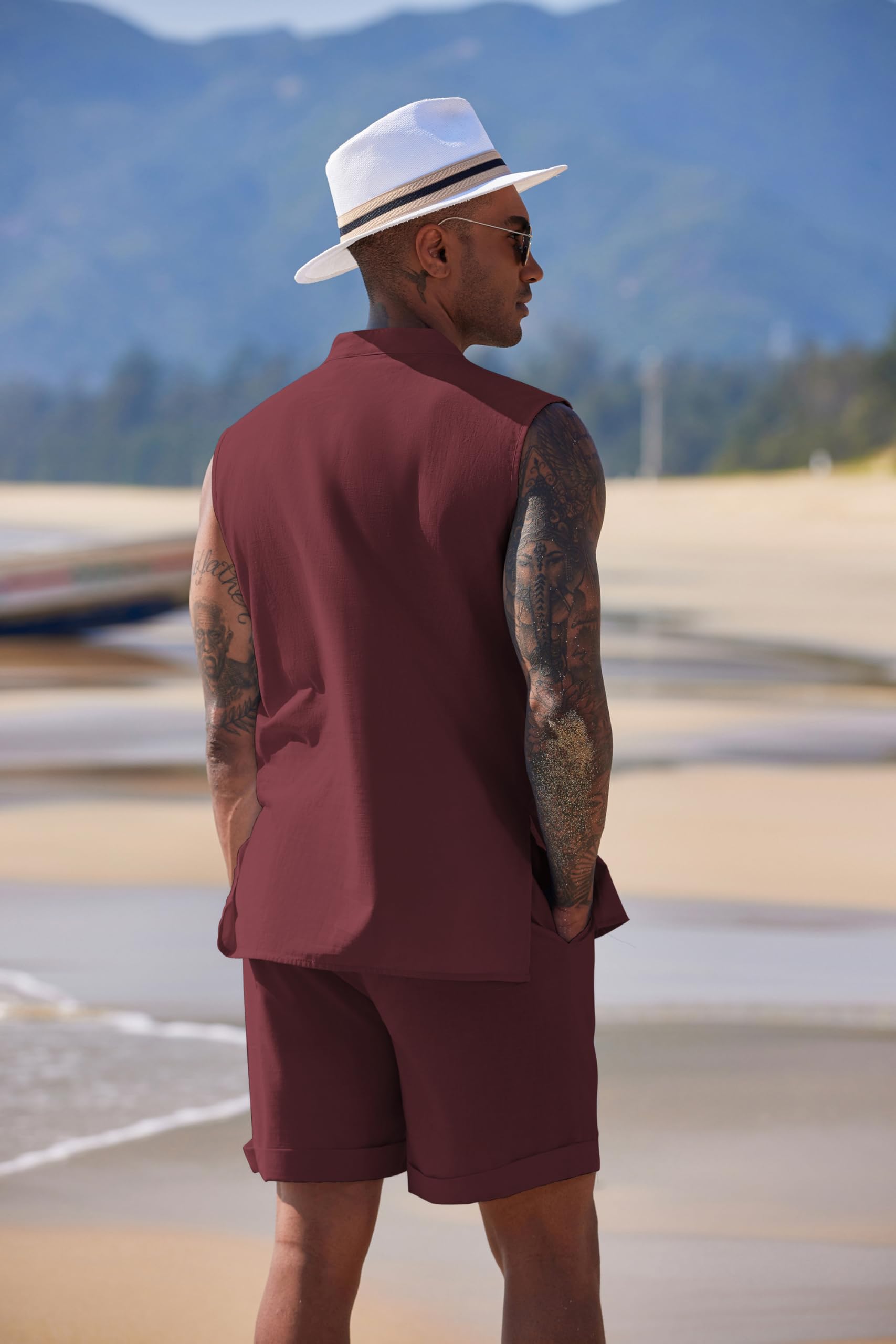 COOFANDY Men's 2-Piece Linen Beach Outfit Set - Breathable Lace-Up Hippie Tank Top & Matching Shorts for Summer Casual Wear | Perfect for Beach Vacations, Music Festivals, and Boho Style Outfits