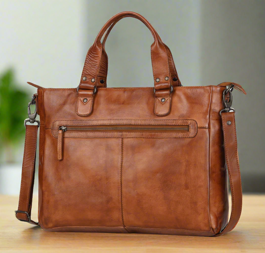 Premium Genuine Leather Two-Handled Messenger Bag for Laptop - Stylish & Durable Work & Travel Laptop Briefcase for Business Professionals & Students
