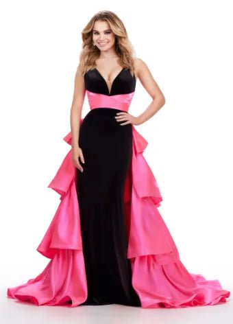 ASHLEYlauren 11463 Velvet Fitted Gown with Satin Ruffled Overskirt - Elegant Formal Dress for Prom, Wedding & Evening Events