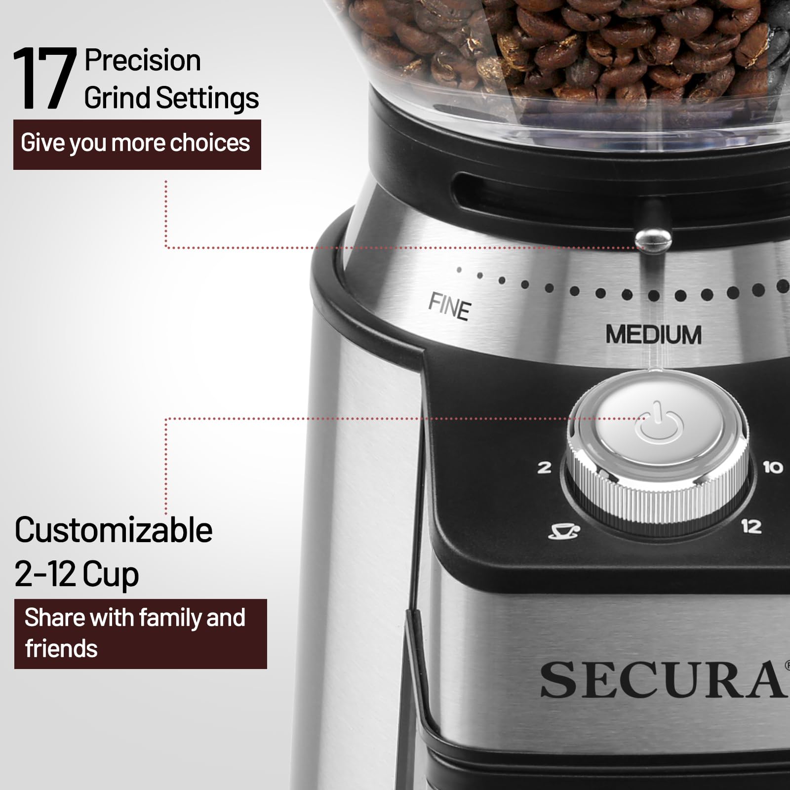 Secura Electric Conical Burr Coffee Grinder with 17 Precise Settings - Automatic Bean Grinder for 2-12 Cups - Perfect for Espresso, French Press, Drip Coffee & Cold Brew at Home or Office