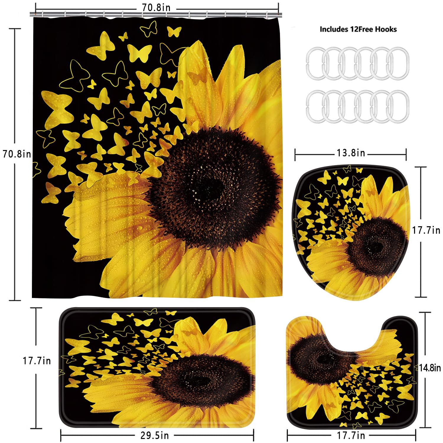 AZHM 4-Piece Butterfly Sunflower Shower Curtain Set with Non-Slip Bath Mat, Toilet Lid Cover & 12 Hooks - Waterproof Bathroom Decor for Home, Apartment, Dorm (Butterfly Floral Design)