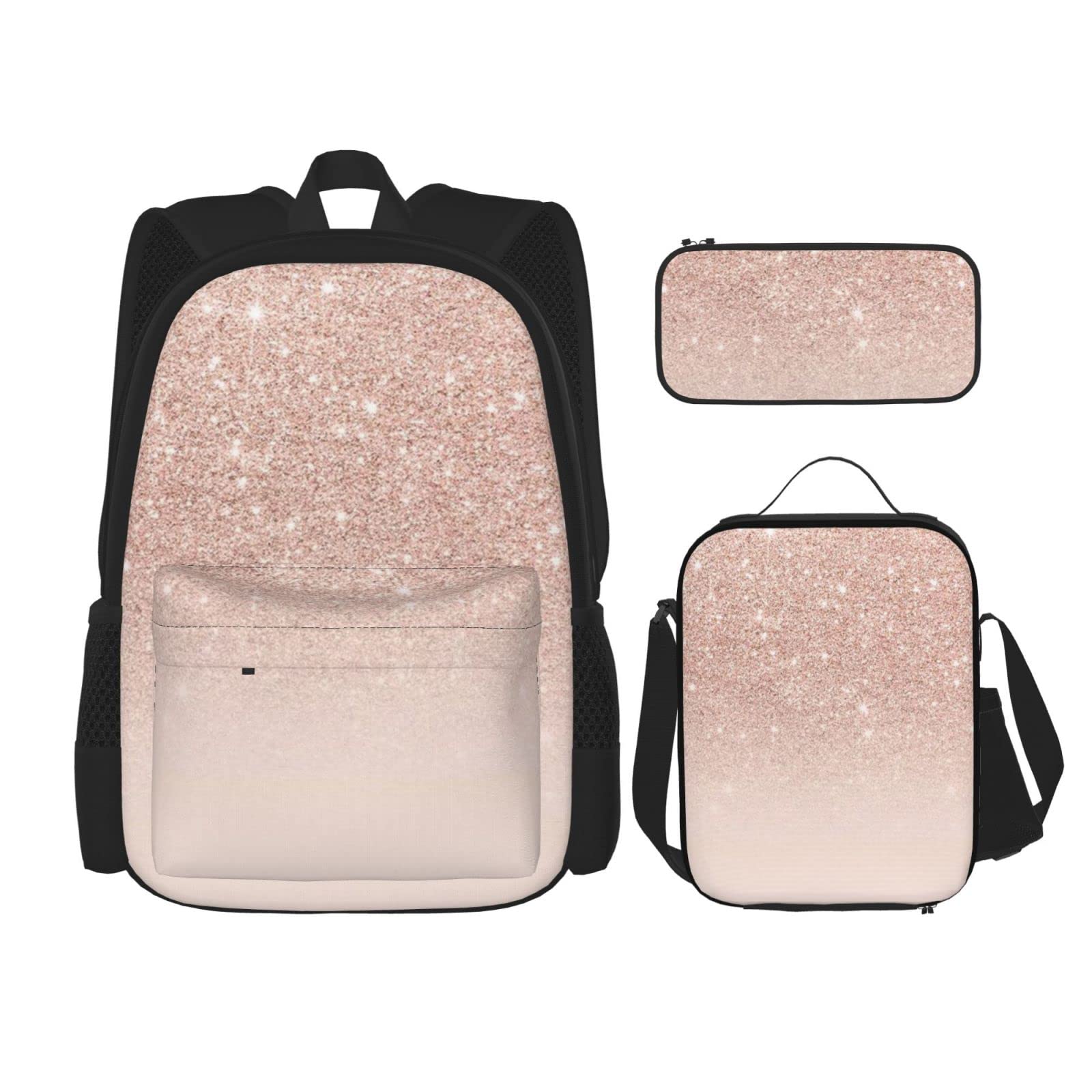 Rose Gold Backpack for School - Stylish Bookbag Set for Boys & Girls with Lunch Box & Pencil Case - Perfect for Classroom, Travel & Daily Use