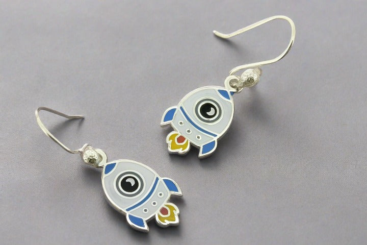 Blue Enamel Rocket Stud Earrings for Women - Trendy Space-Themed Jewelry for Casual Wear & Gift Giving