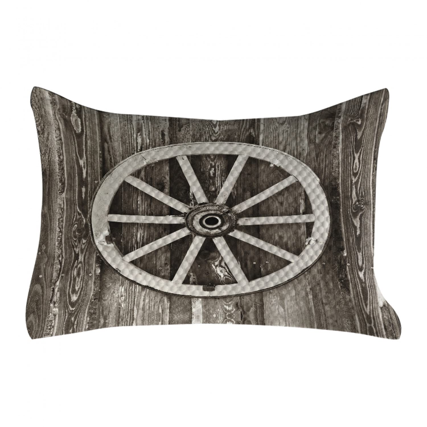 Ambesonne Vintage Barn Wood Wagon Wheel Quilted Pillow Cover - Dark Brown & White, 30x20 Inches, Standard Queen Size for Bedroom Decor - Perfect for Farmhouse, Rustic, and Country Style Home Accents