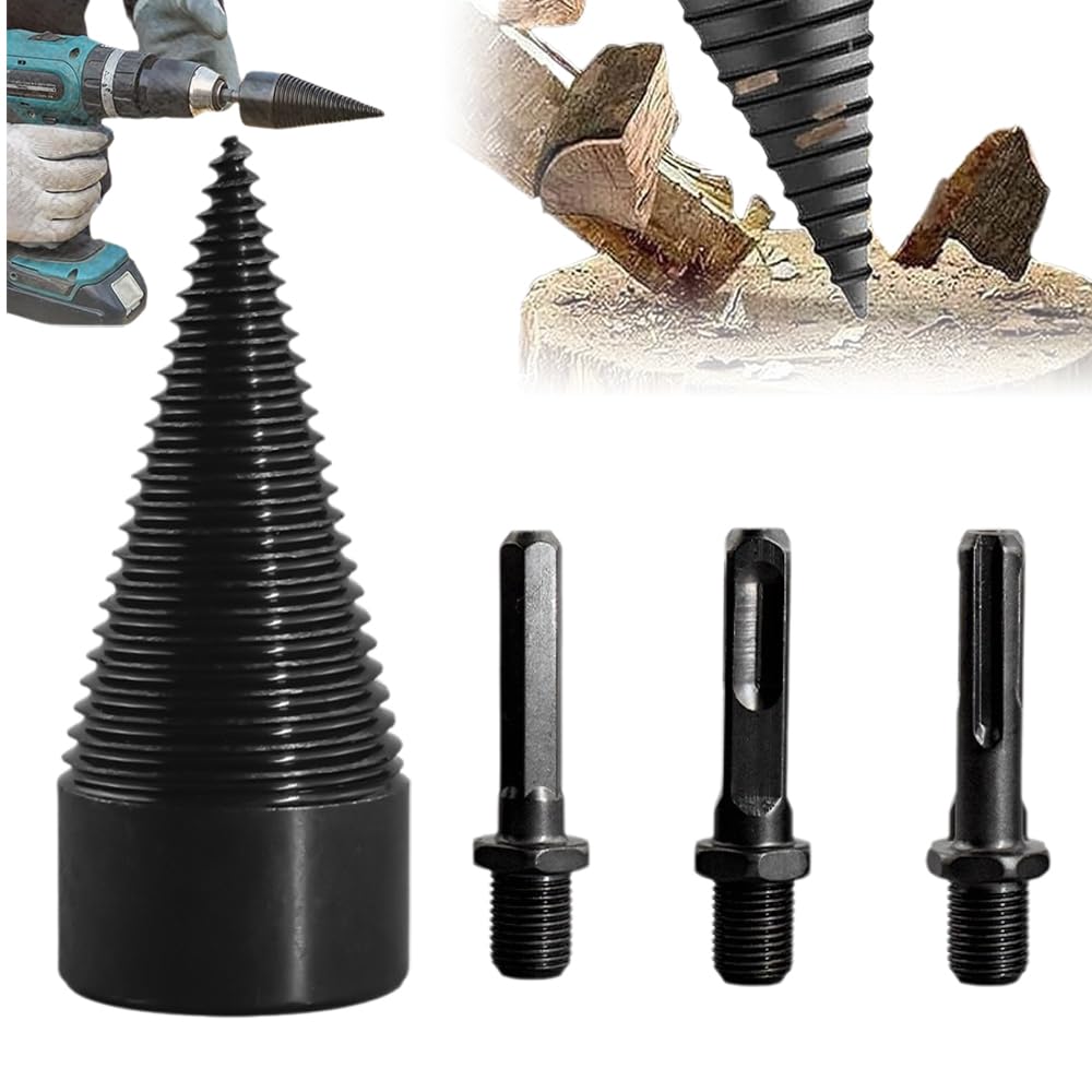 Upgraded Heavy Duty Wood Log Splitter Drill Bit - 32mm/42mm Removable Firewood Splitting Tool with 3 Handles (42mm) for Fireplace, Camping & Outdoor Wood Cutting