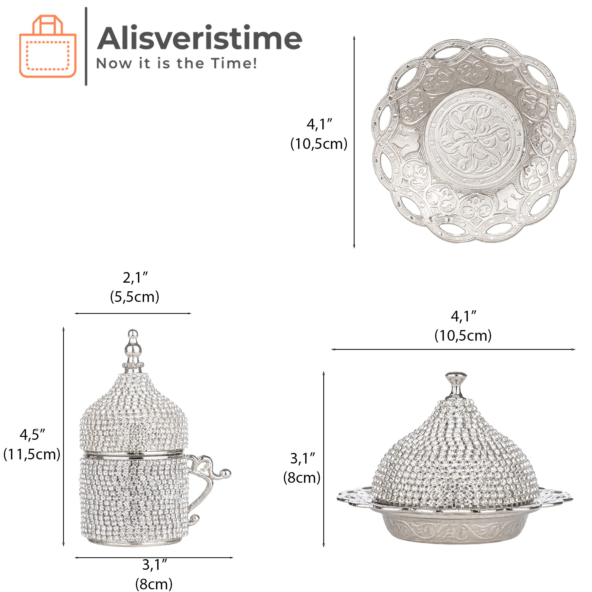 Premium Ottoman Turkish Greek Arabic Espresso Coffee Cup Set with Saucer & Lid - Crystal Glassware (2-Piece, Silver) - Perfect for Home, Café & Gift Giving