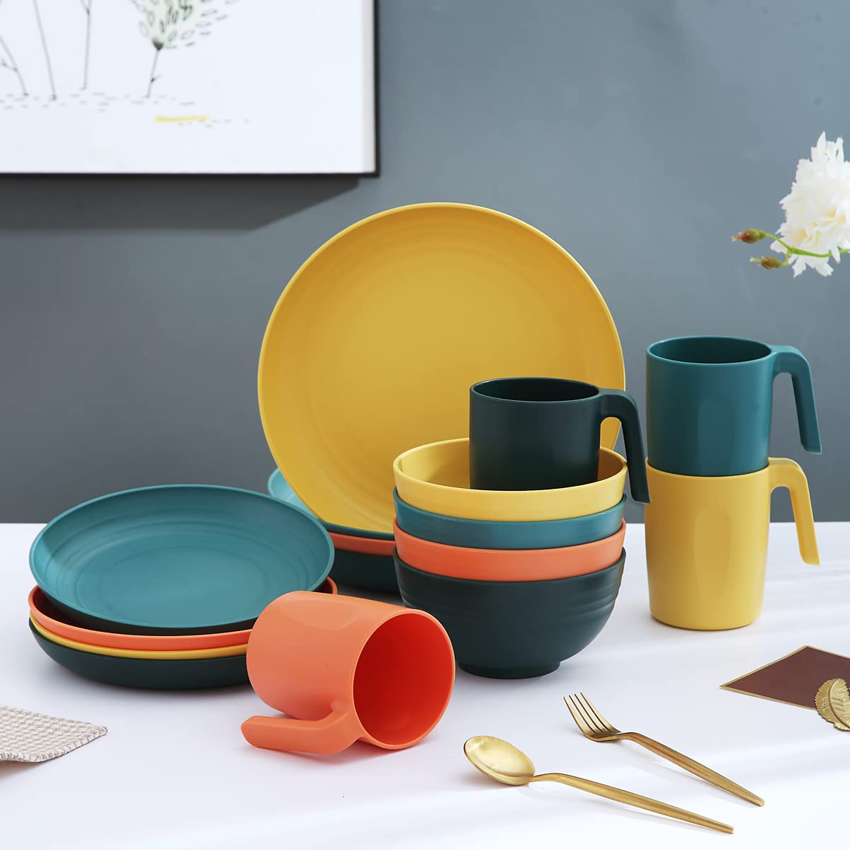 Kyraton 16-Piece Unbreakable Plastic Dinnerware Set - Lightweight, Reusable Plates, Mugs & Bowls | BPA-Free, Microwave & Dishwasher Safe | Ideal for Camping, Picnics & Outdoor Dining (Multi-Color)