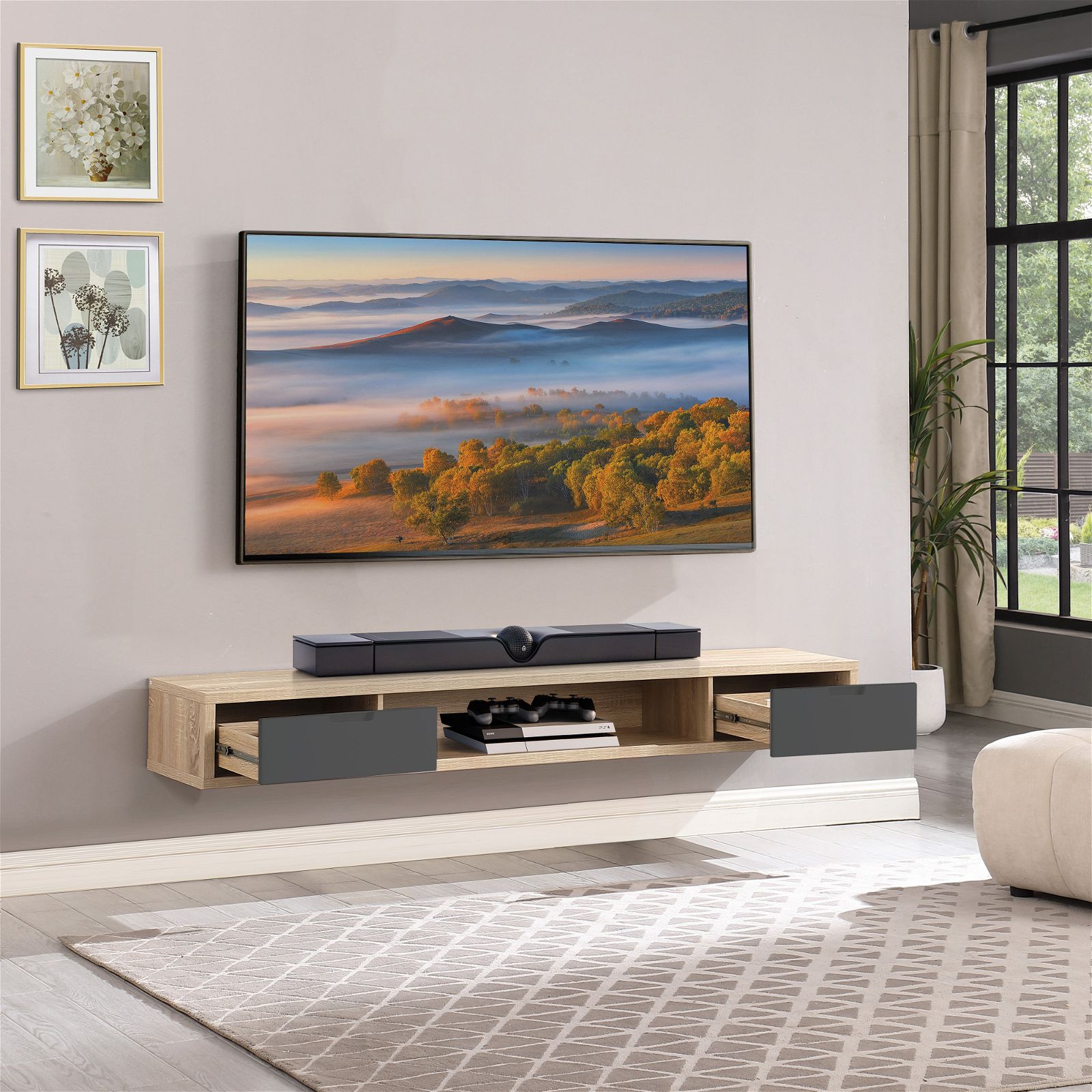 Wall Mounted Oak Entertainment Center with Grey Drawers - 2000mm Modern TV Stand for Living Room by Criterion | Perfect for Home Theater & Media Storage
