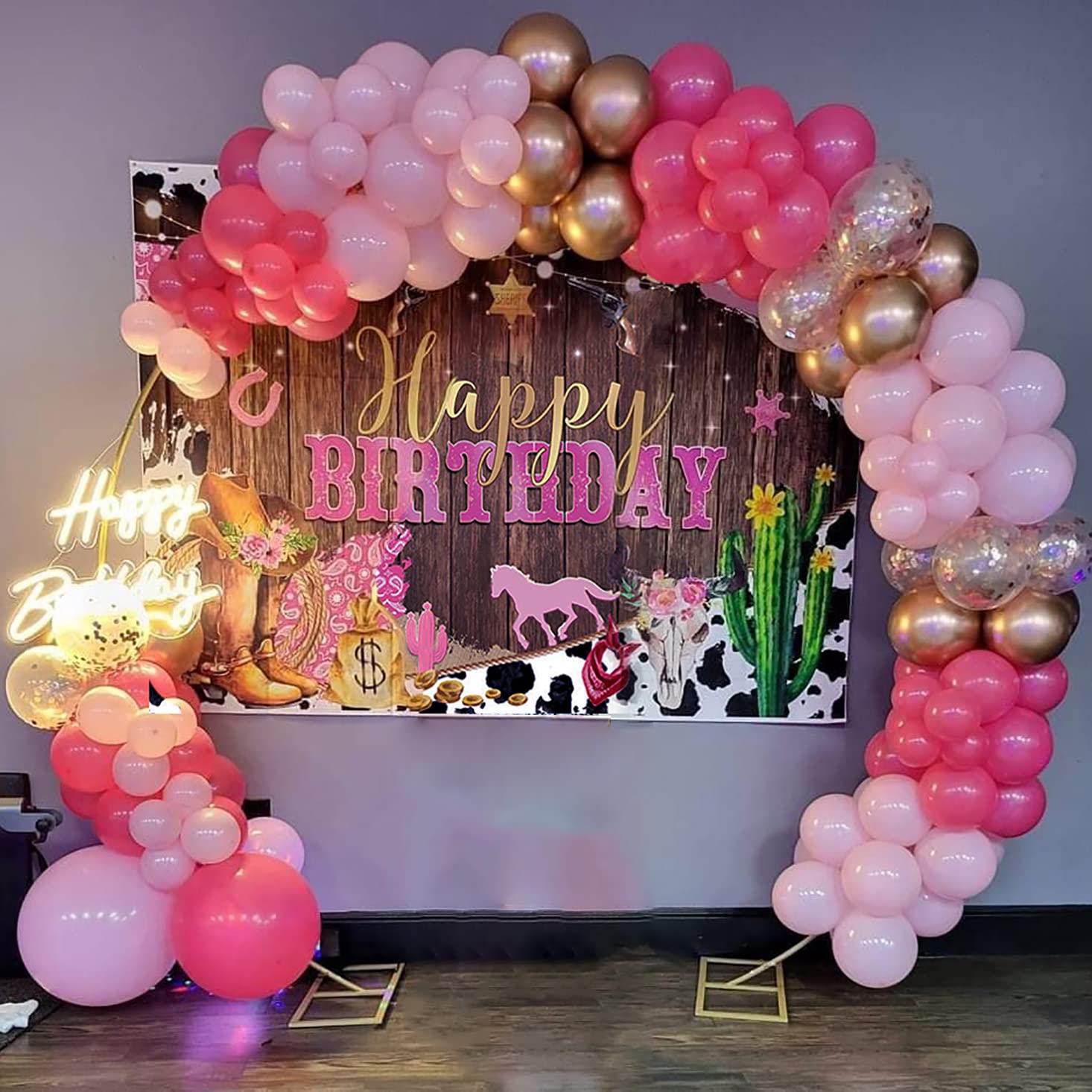 Western Cowgirl Birthday Backdrop - Rustic Rodeo Boot & Horse Theme Party Decor for Girls - 7x5ft (82x60 inch) Pink Photo Booth Background with Happy Birthday Banner - Perfect for Cowgirl Themed Birthday Parties, Baby Showers & Western Events