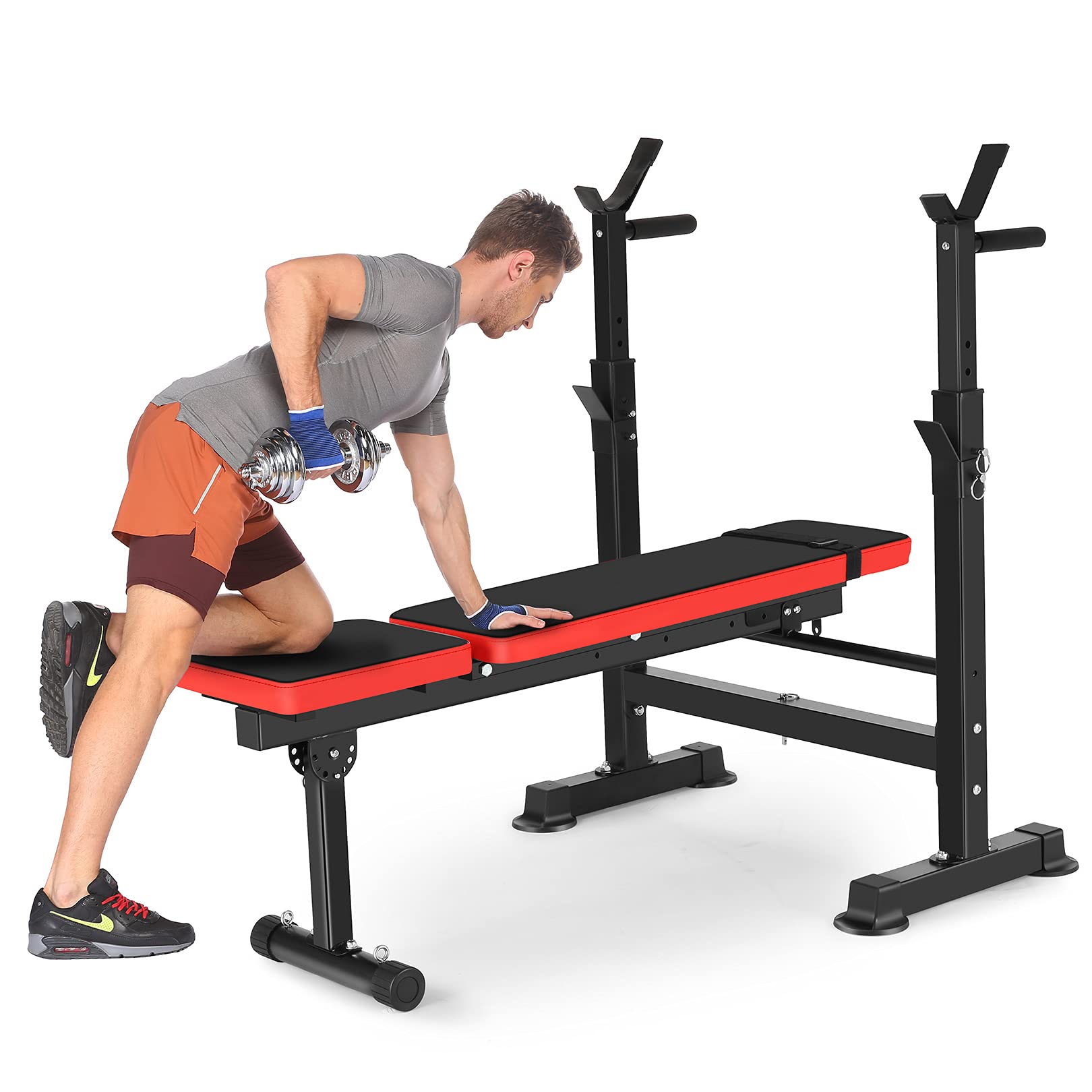 Adjustable Folding Weight Bench for Home Gym - Heavy Duty Strength Training Bench with Barbell Rack - Full Body Workout Equipment for Men & Women - Perfect for Squats, Bench Press, and Dumbbell Exercises (Red)